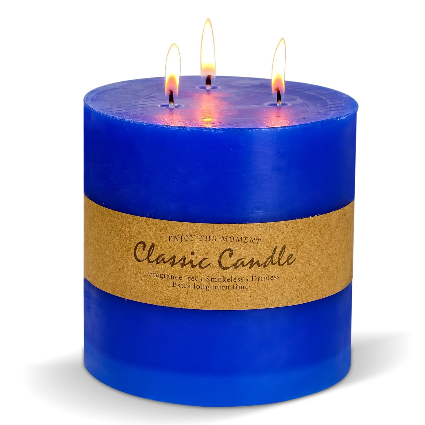 6" x 6" Blue Hand-Poured Candle, Dripless & Clean Burning (120 Hours), Unscented Rustic Pillar, Perfect for Men's Gift, Nautical Theme Weddings, Blue & Gold Party Decor