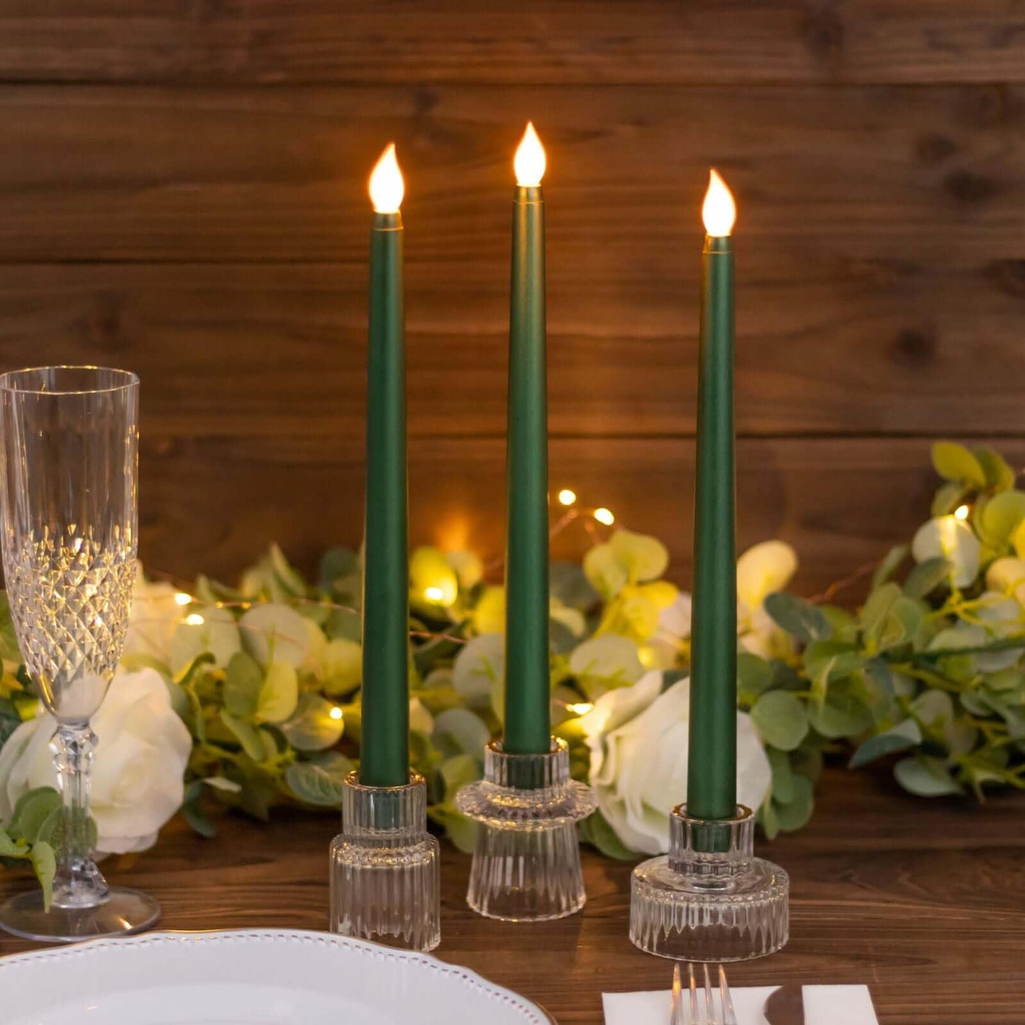 Efavormart Set of 3 | 11" Hunter Emerald Green Flameless LED Taper Candles, Warm Flickering Battery Operated Candles for Christmas & Forest Theme Decor
