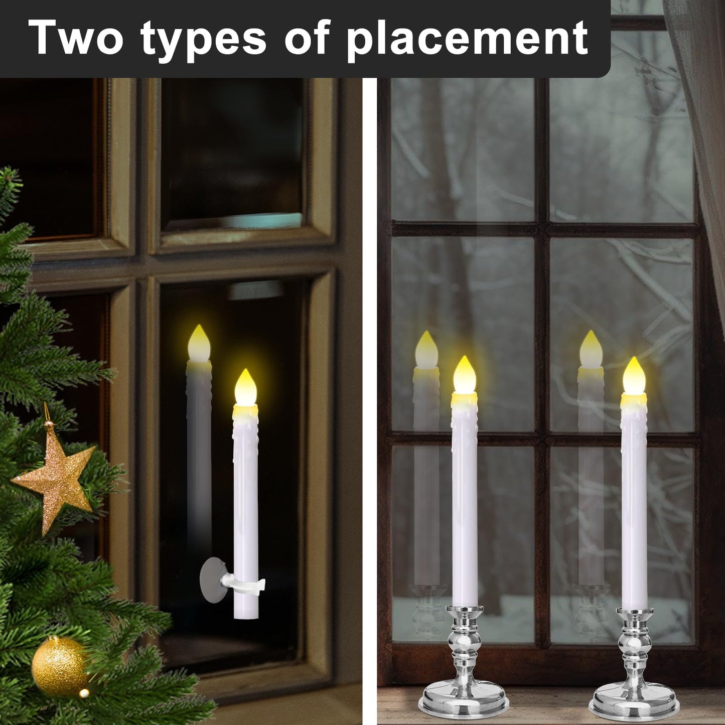 Flameless Candles 10 Pack Battery Operated Window Candles with Drip Texture,Remote Timer,10 Removable Candle Holders,10 Suction Cups,20 AAA Batteries for Home Decor Christmas Wedding (Sliver)