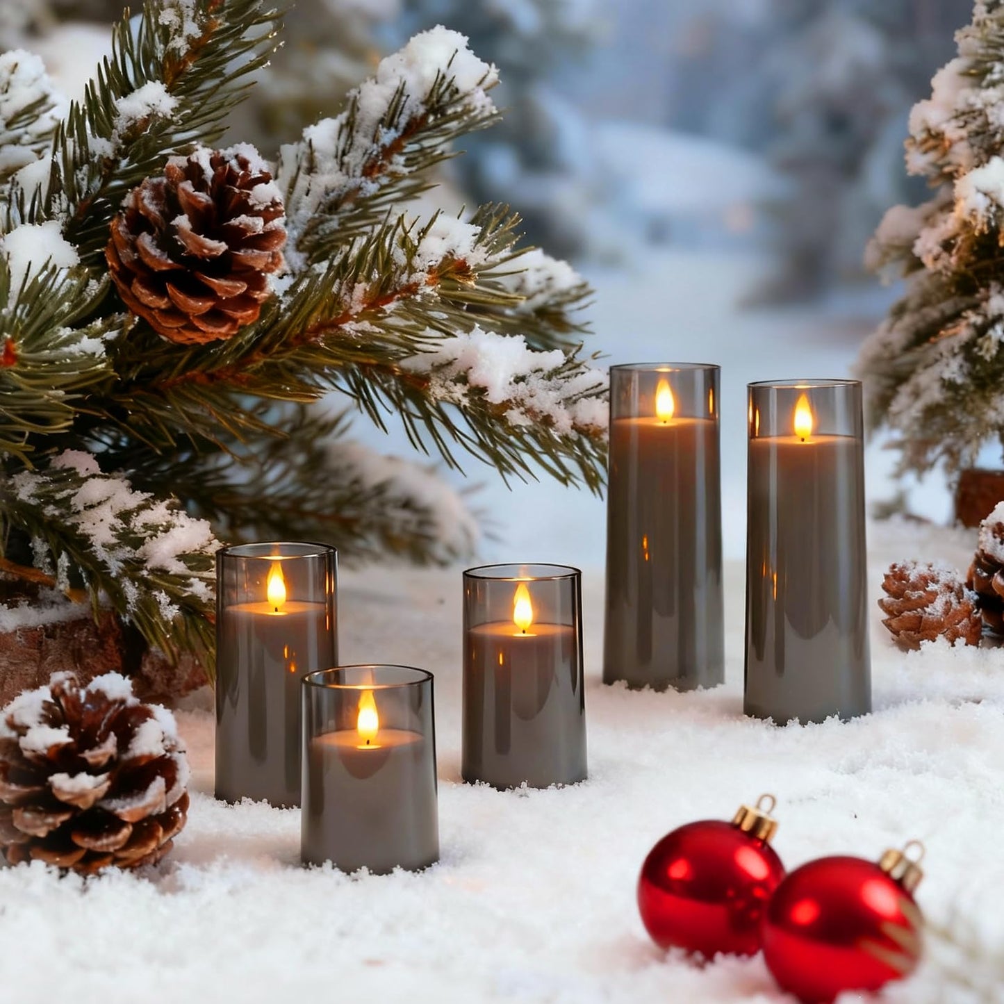 Raycare Flameless Candles Battery Operated with Remote Timer, Acrylic Flickering LED Pillar Candle for Christmas Decoration, Home Decor, Gift for Family and Friend, Grey, Set of 5