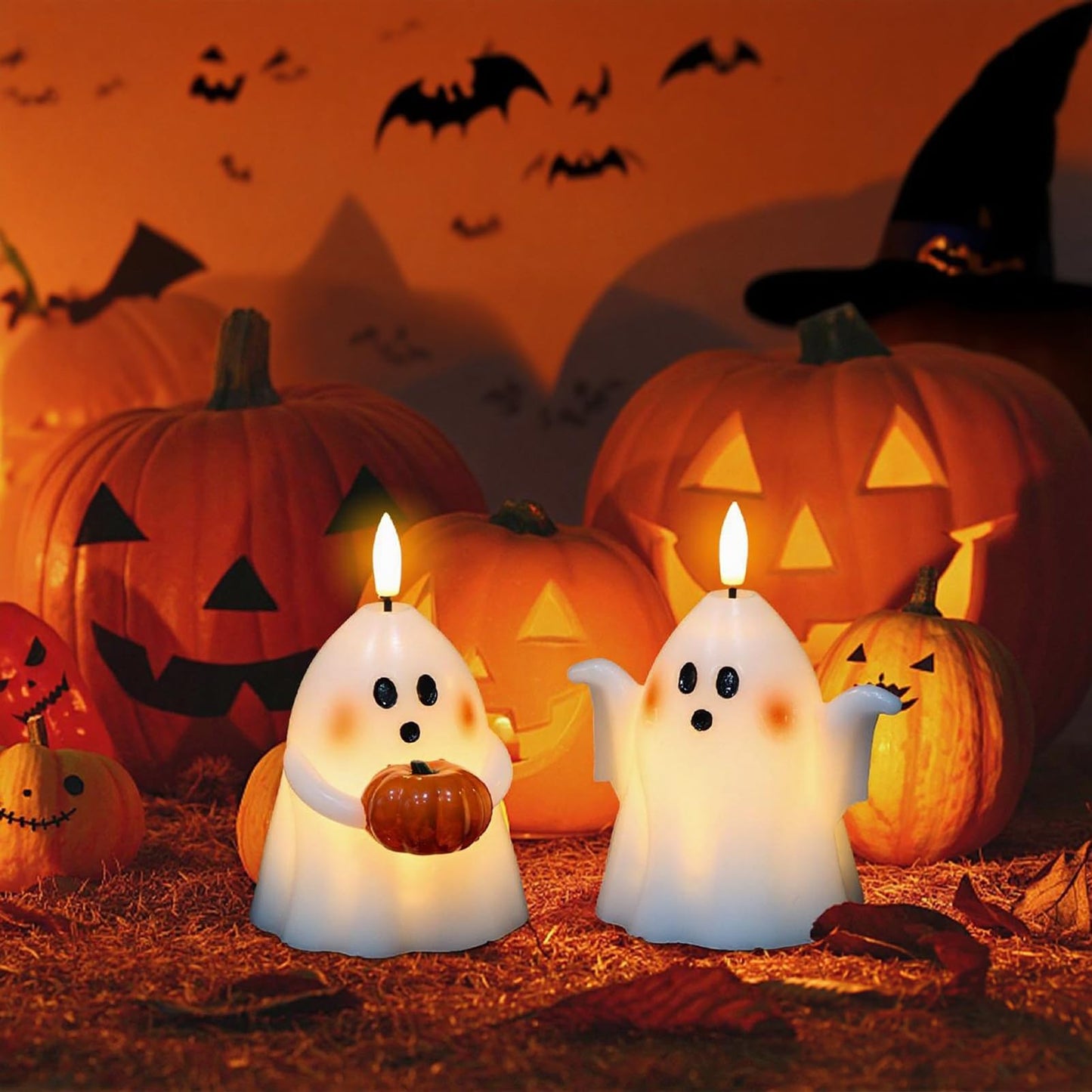 DRomance Halloween Ghost Flameless Candles with Timer Real Wax Battery Operated White LED Flickering Pillar Candles Hand Painted Looking Dinner Spooky Halloween Decor(2 Pack, 3.5" D x 5" H)