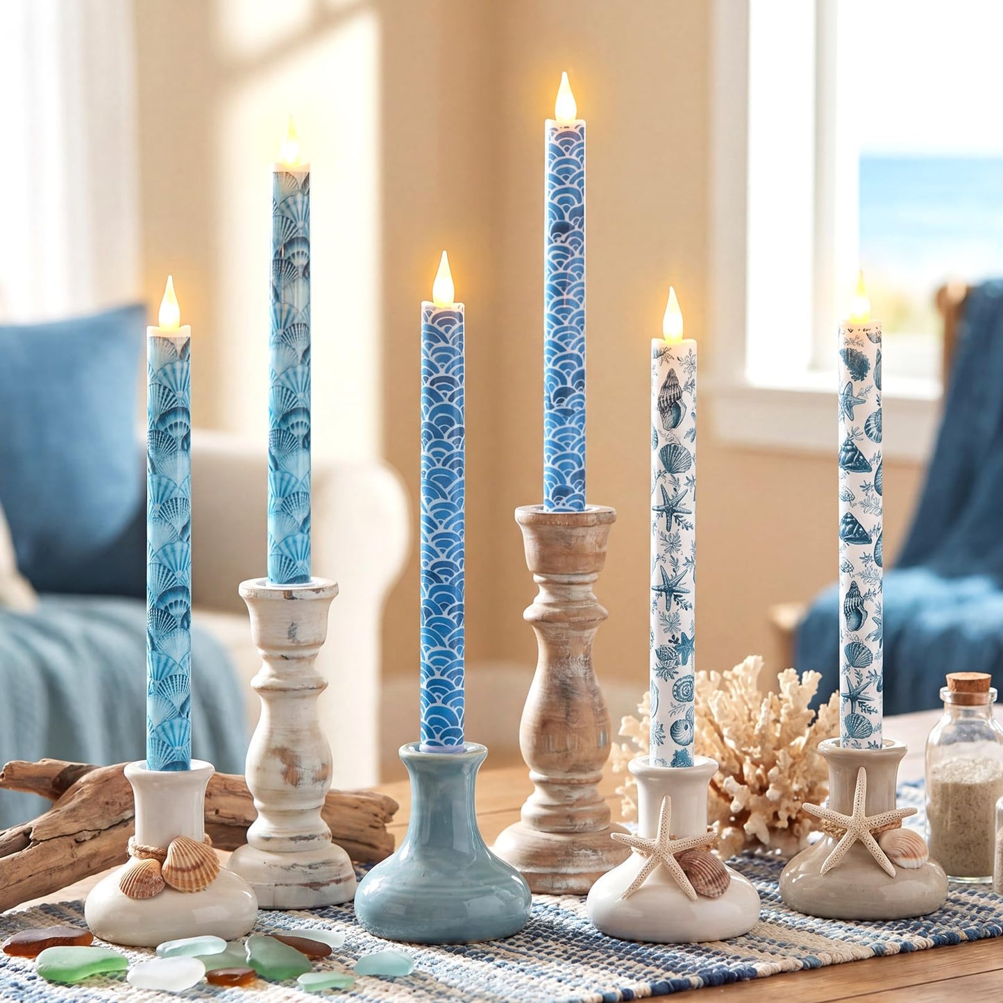 Lyrow 6 Pcs Summer Ocean Flameless Taper Candles with Beach Starfish Seashell 11 Inch LED Candles Flickering Battery Operated Candlesticks for Birthday Seaside Shower Party Summer Table Decor