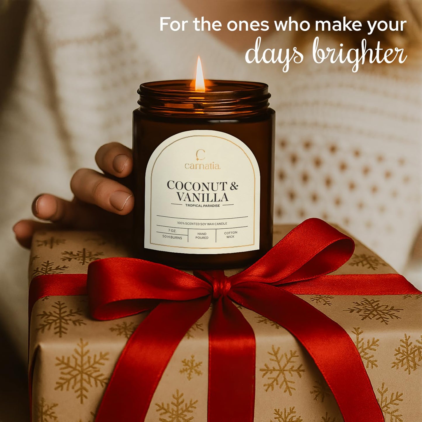 Carnatia Coconut & Vanilla Scented Candle – 7 oz | 100% Soy Wax with Cotton Wick | 50 Hour Burn | Aromatherapy Candle for Home, Stress Relief & Relaxation | Gift for Women & Men