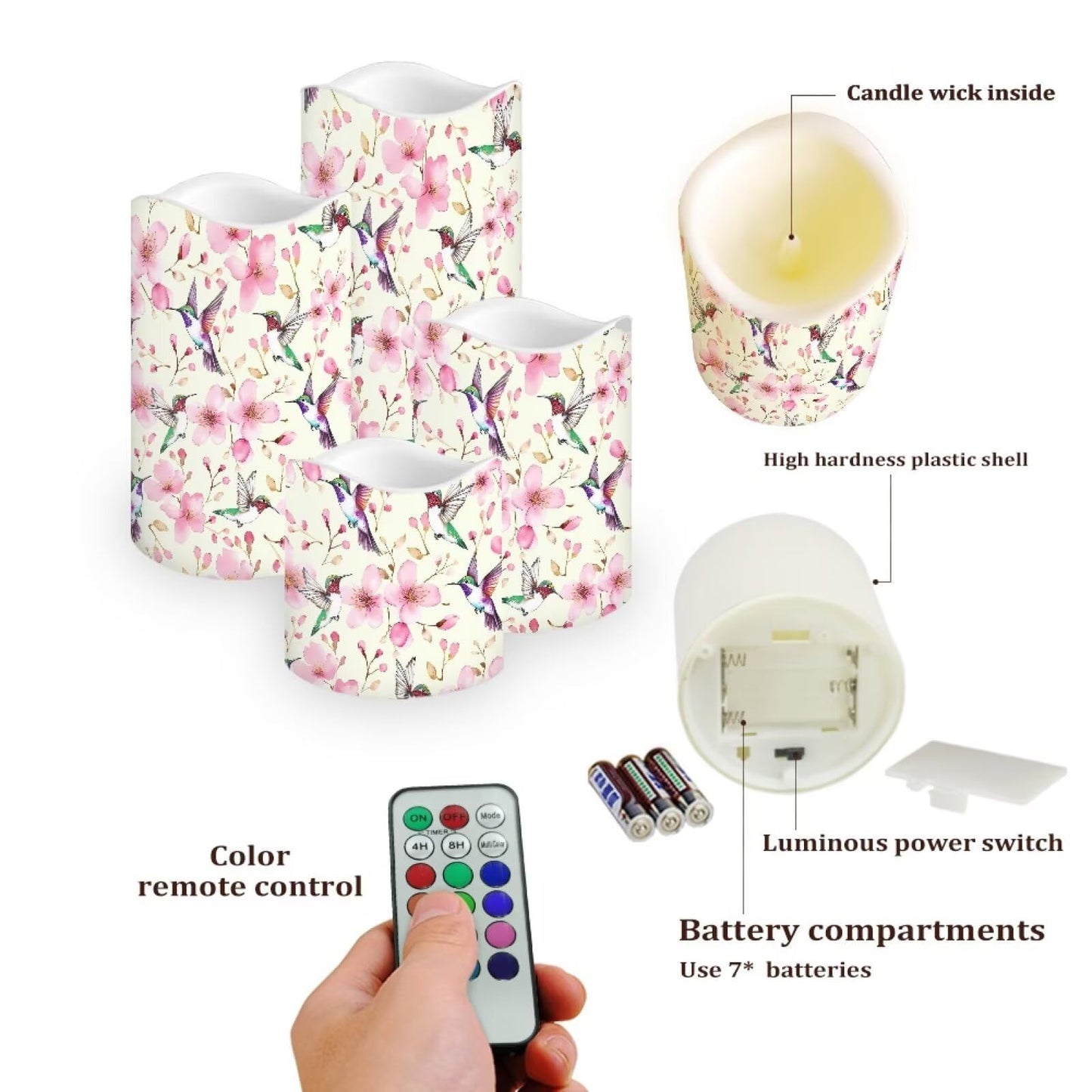 Cozeyat Hummingbird Flameless LED Candles Set of 4 Battery Operated with Remote Control Timer Flickering Color Changing Waterproof Pillar Candles for Home Wedding