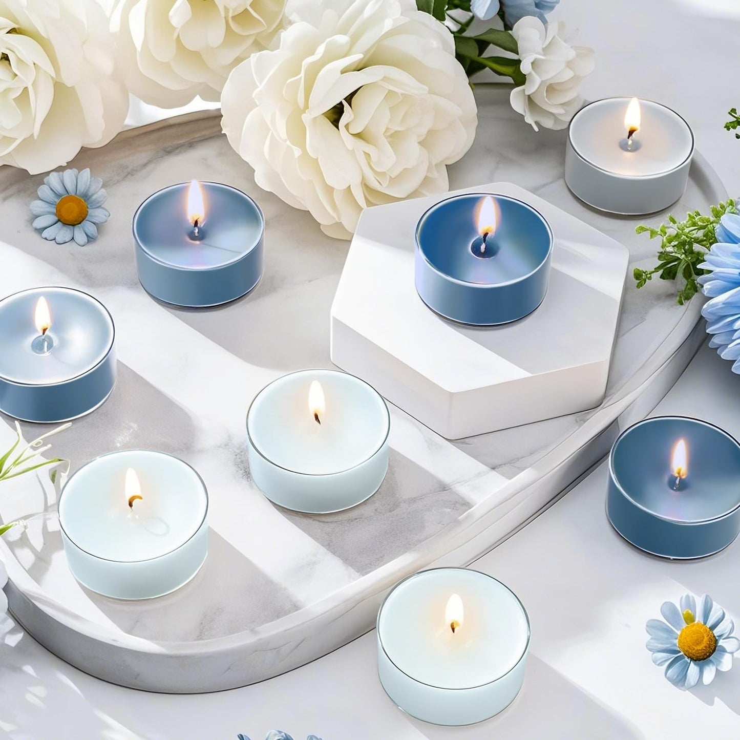 Honoson 12 Pack Blue Tea Lights Candles Blue Round Tea Light Natural Wax Scented 6 Scents Conversation Candle for Spring Easter Wedding Engagement Gifting Aromatherapy Anniversary Summer Home Decor