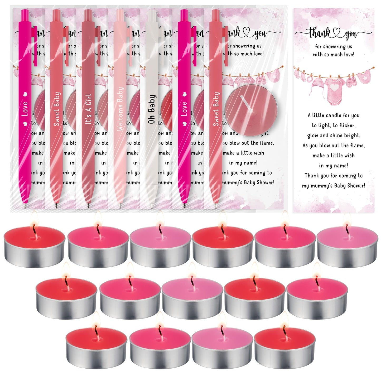 Spakon 60 Sets Baby Shower Favors for Guests Include Unscented Tealight Candles Multicolor Ballpoint Pen Thank You Card Opp Bags Gender Reveal Gifts for Baby Shower Game Prizes (Pink,Girl)