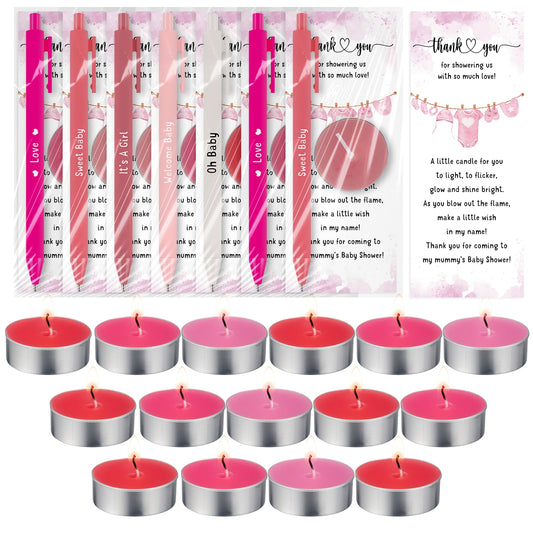 Spakon 60 Sets Baby Shower Favors for Guests Include Unscented Tealight Candles Multicolor Ballpoint Pen Thank You Card Opp Bags Gender Reveal Gifts for Baby Shower Game Prizes (Pink,Girl)