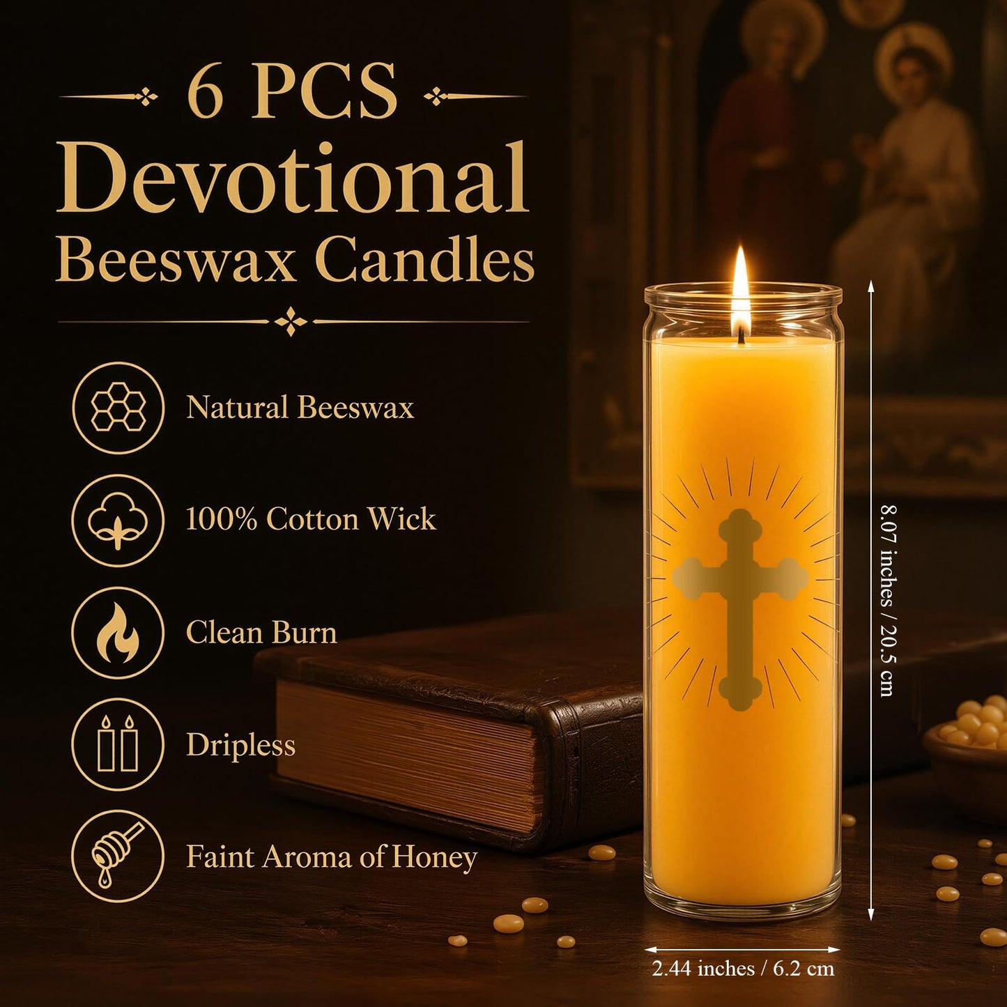 ARQRHTLY 6 Pcs Beeswax Prayer Candles 7 Day Devotional Candle in Glass 100 Hours Long Burn Time Religious Catholic Christian Spiritual Decor for Memorials Vigil Church Home Altar Bless Novena
