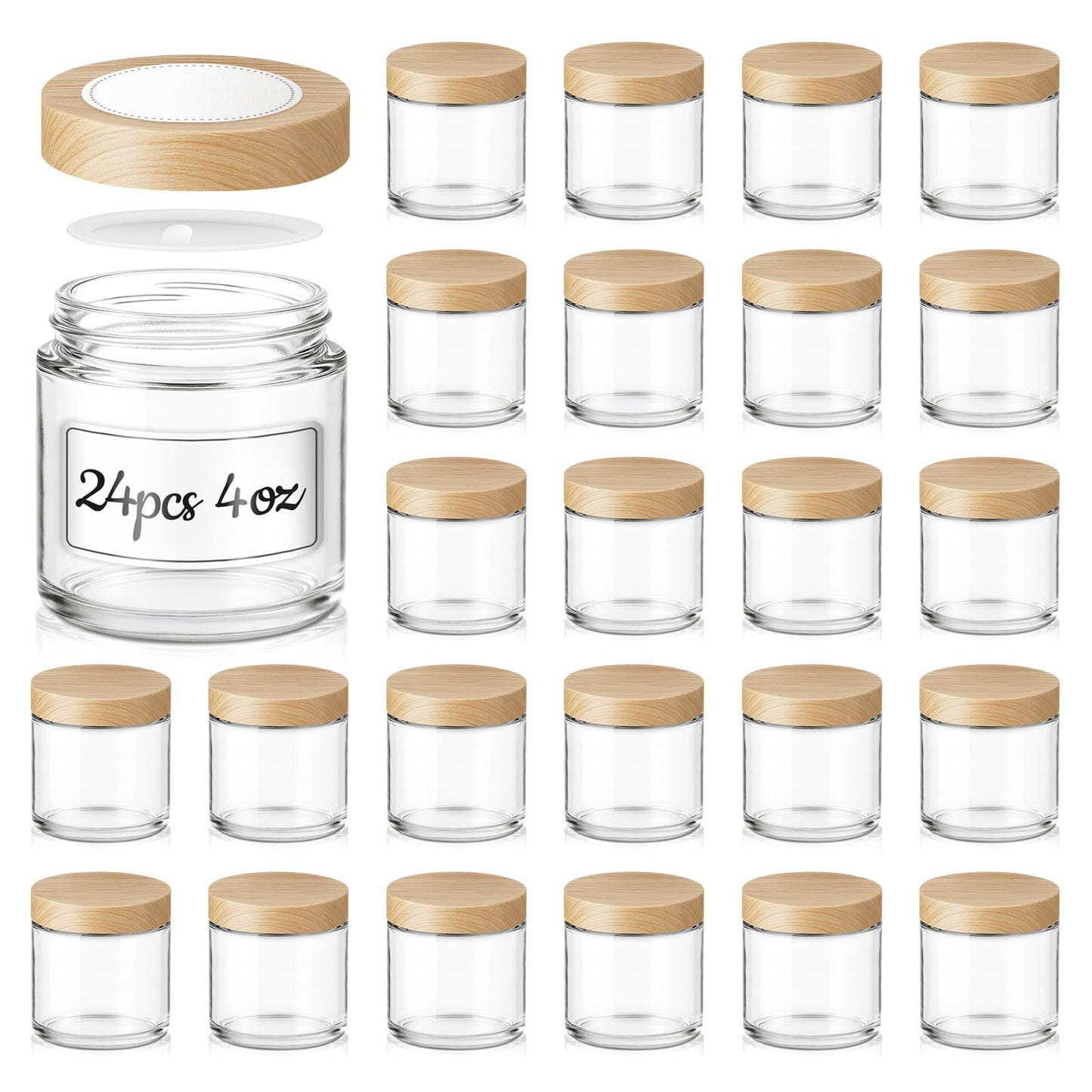 4 oz Glass Jars with Lids, 24 Pack Clear Small Glass Jars with Woodgrain Lids Leakproof Round Airtight Empty Cosmetic Travel Containers with Inner Liners For Lotions Powders and Candle Making
