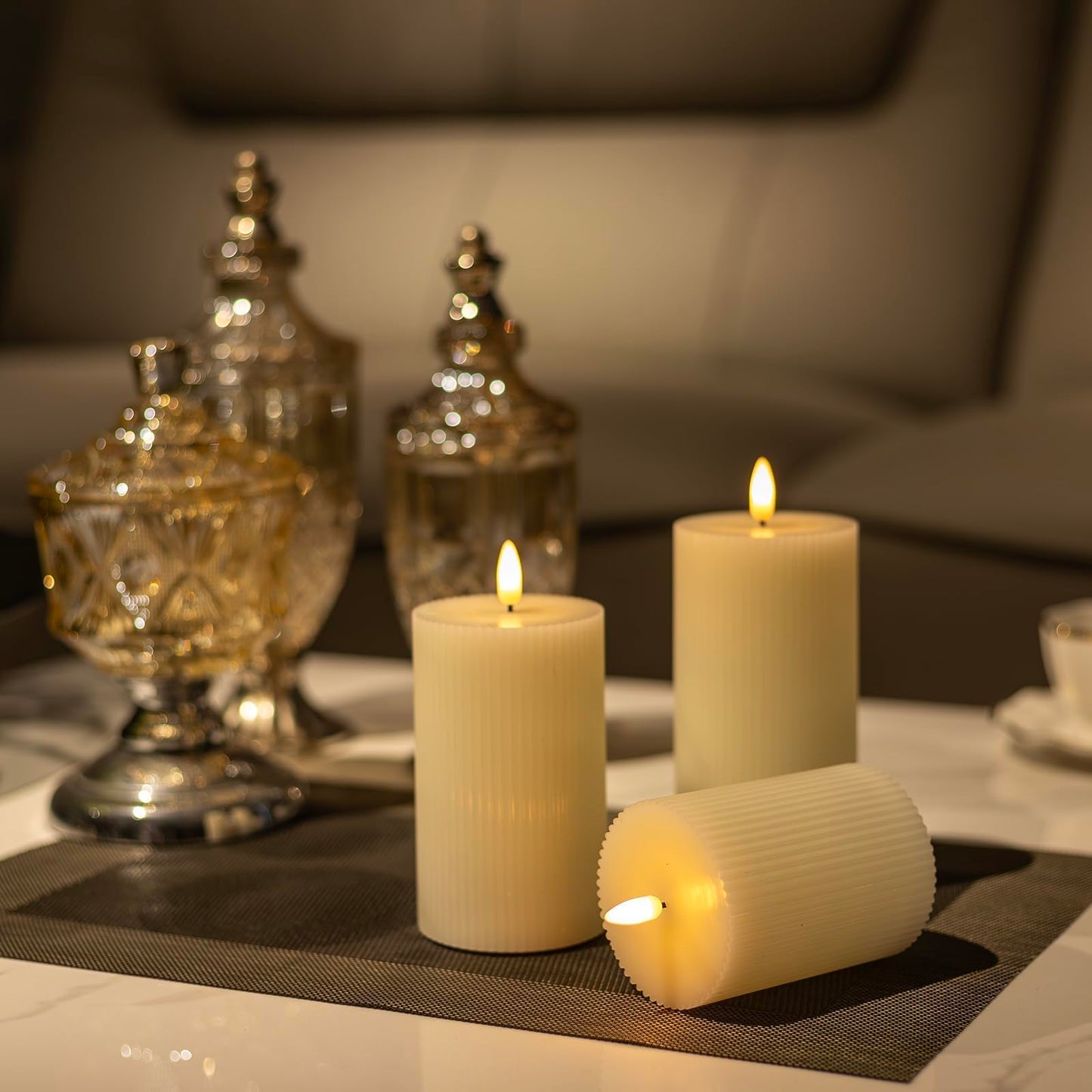 ANGELLOONG Ribbed Flameless Pillar Candles with Remote, Set of 3 Ivory Real Wax LED Candles Battery Operated with 2/4/6/8H Timer for Home Decor, Bathroom, Living Room