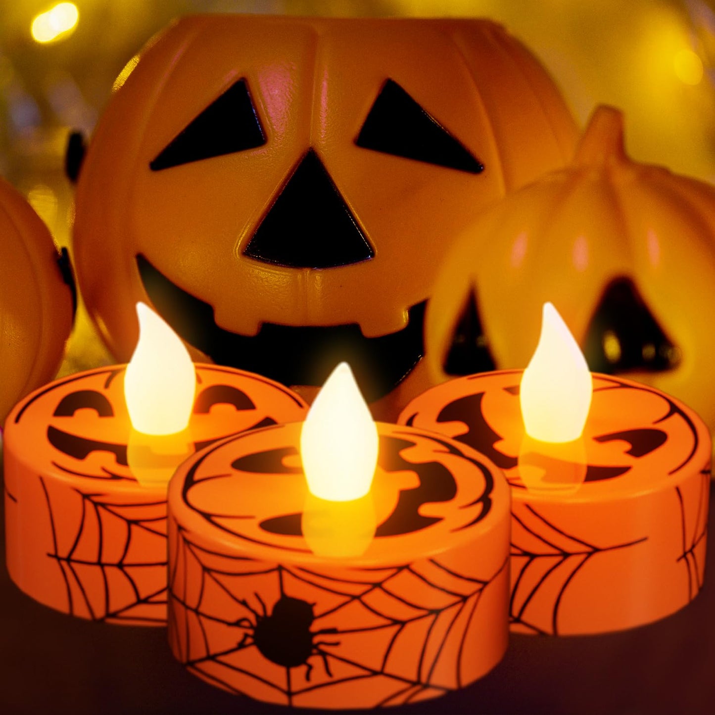 GenSwin Halloween Tealights Candles Battery Operated, 12 Pack Tea Lights Flameless Candles with Timer, Orange LED Votive Flickering Candles with Pumpkin Face and Spiderweb Prints for Halloween Decor