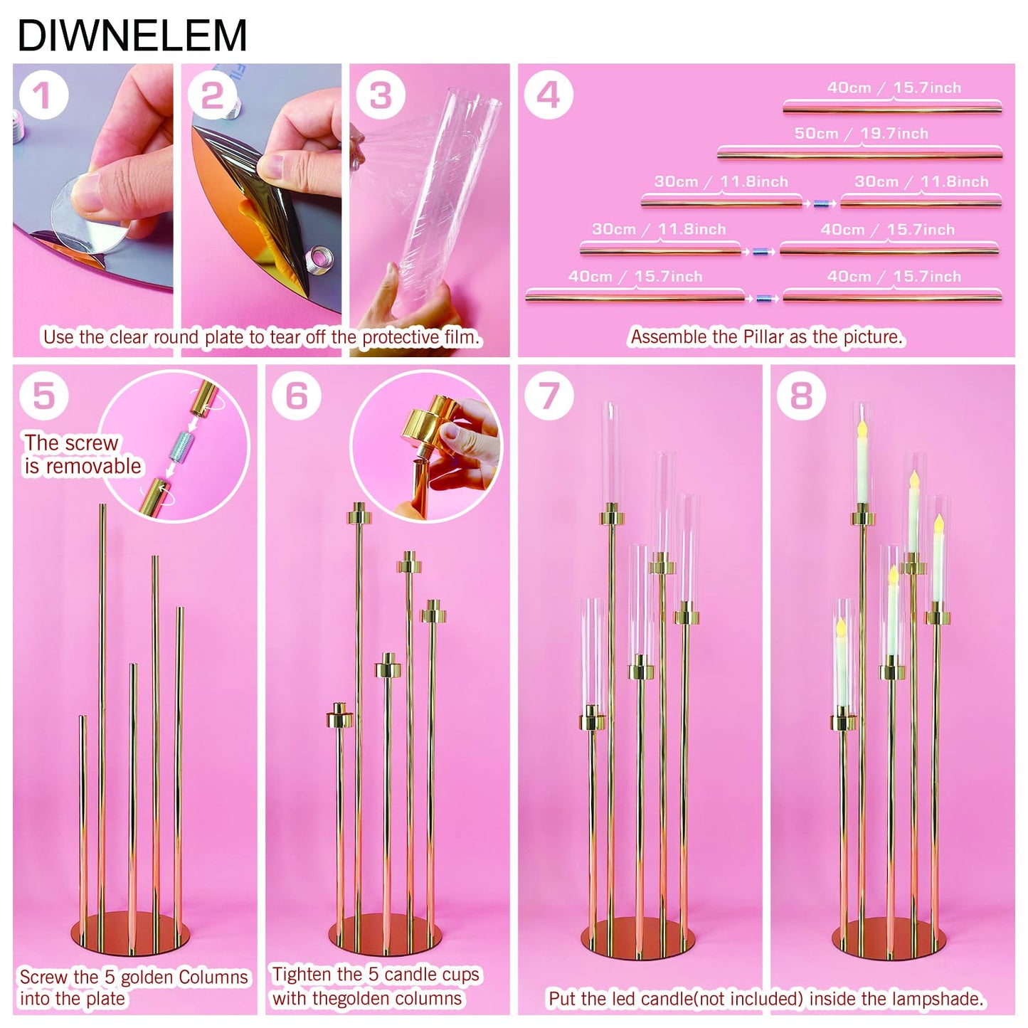 DIWNELEM 4 Pcs Gold Candelabra Centerpieces 5 Arm 42" Tall Metal Candle Holder Floor Candelabra Wedding Centerpieces Metal Candlestick Holders with Acrylic Removable Lampshade for Christmas Decoration