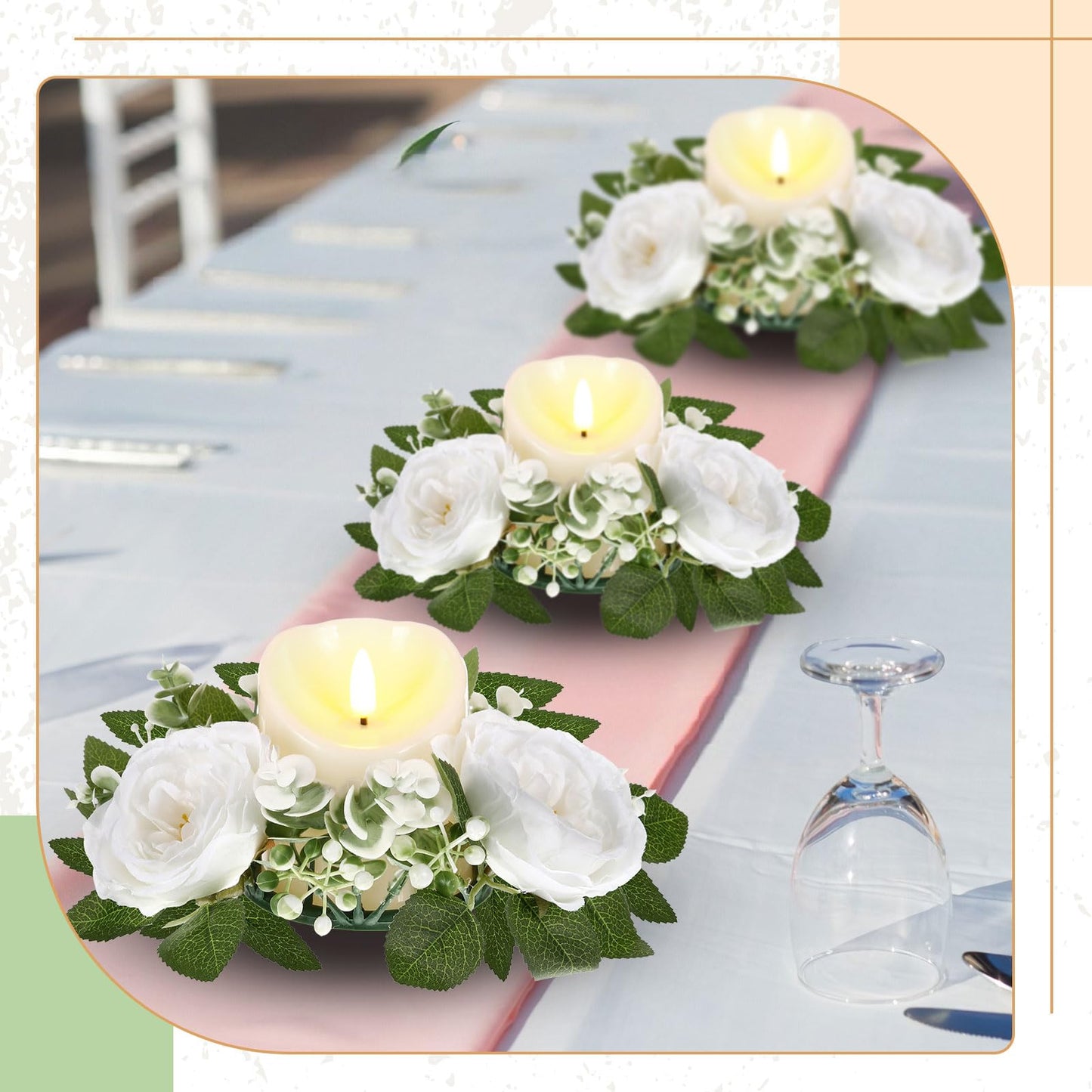 Yunlly 16 Set Rose Candle Rings Wreaths 3 Inch Center with Flameless LED Candles Artificial Rose Light Garland Fake Electric Votive Tealights Bulk Funeral Wedding Table Centerpieces Decor(White)