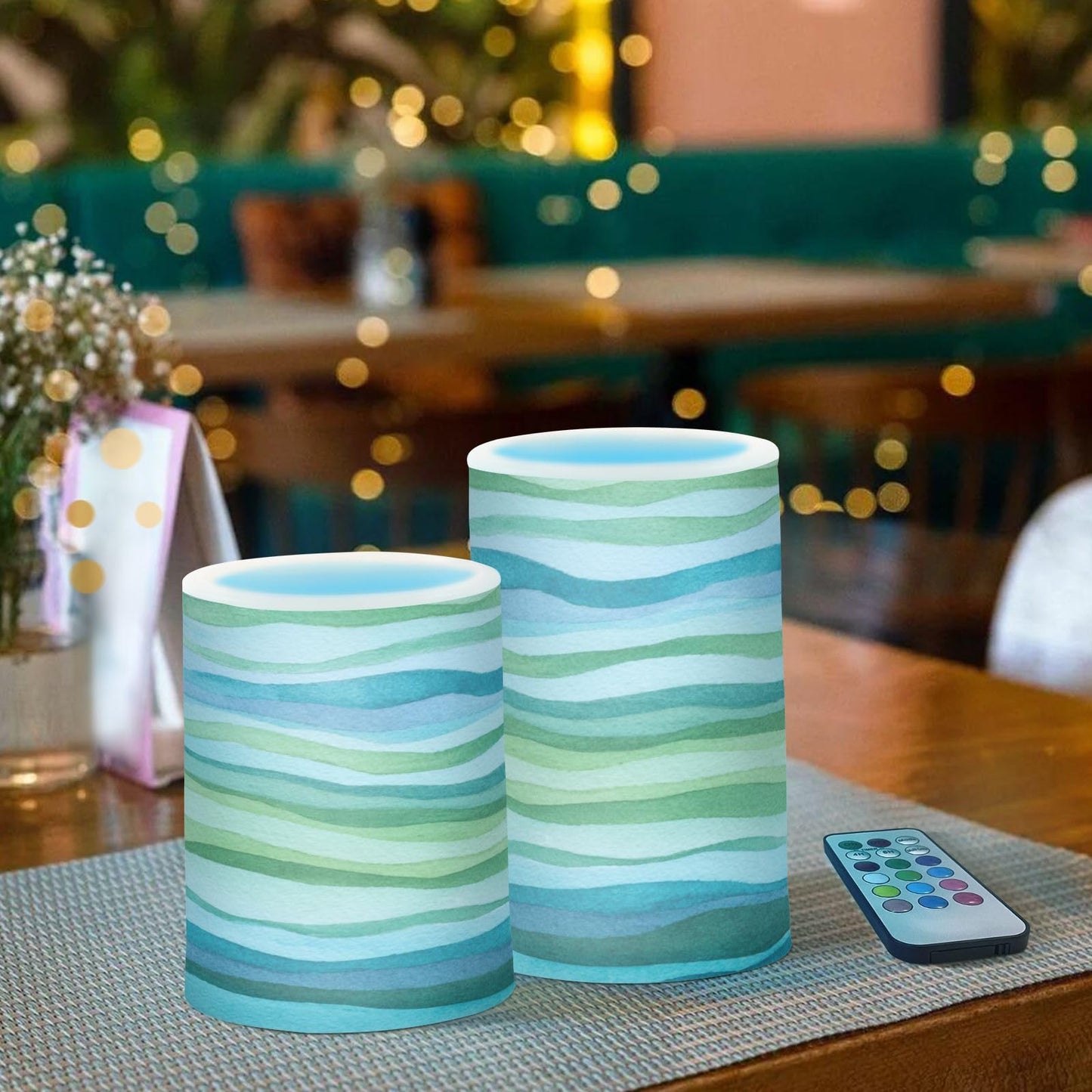 Kcldeci LED Flameless Candles Battery Operated with Remote and Timer, Blue Green Turquoise Wave Realistic Flickering Flameless Candles Led Pillar Candles, Set of 2