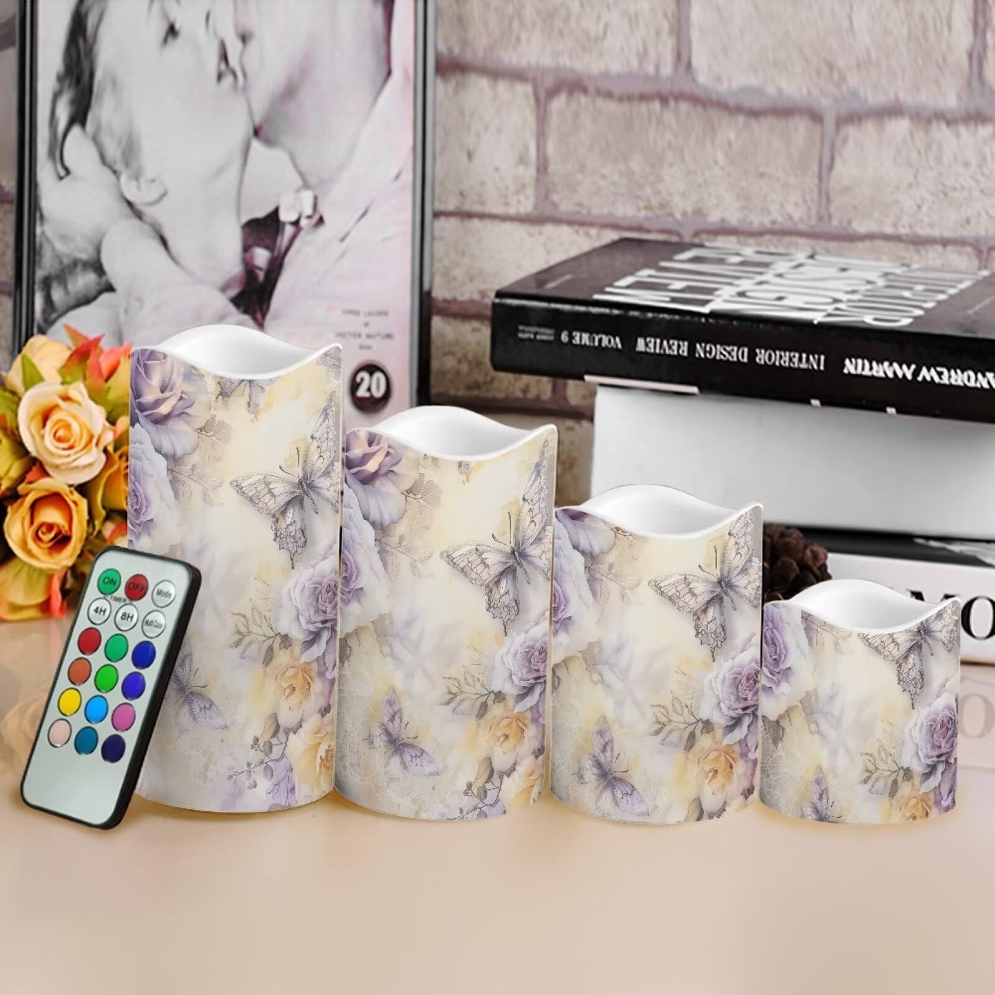 Cozeyat White Floral Flameless Candles 4 Pack Battery Operated LED Pillar Candles with Remote Control Timer Color Changing for Home Wedding Beach