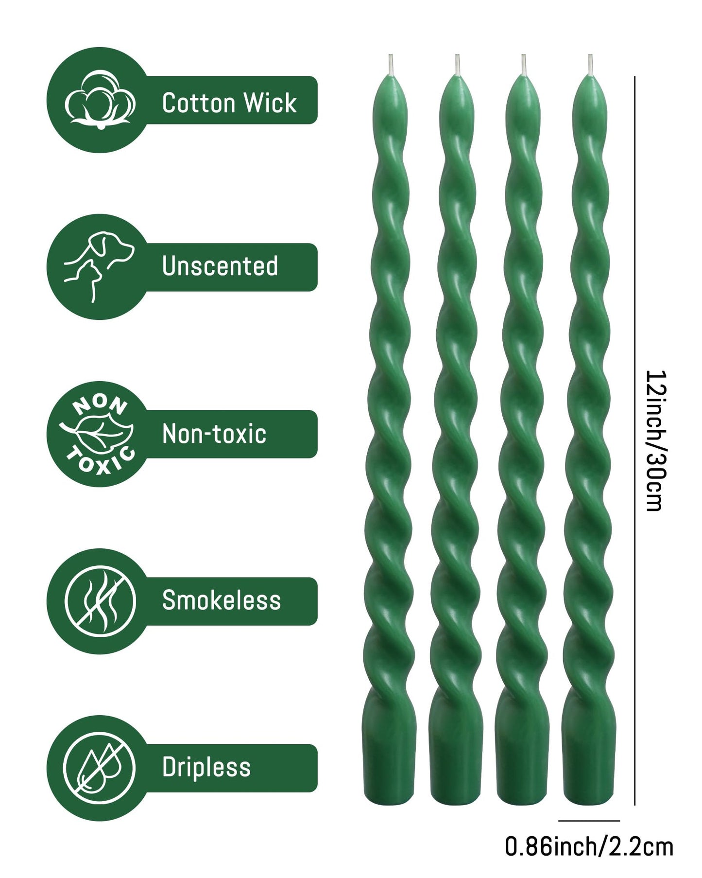 Viyffo Spiral Taper Candles 12 Inch – 4 Pack Dark Green, Dripless, Unscented, Smokeless – 9 Hour Burn – Tall Candlesticks for Wedding, Dinner, Holiday, Party, Home Decor