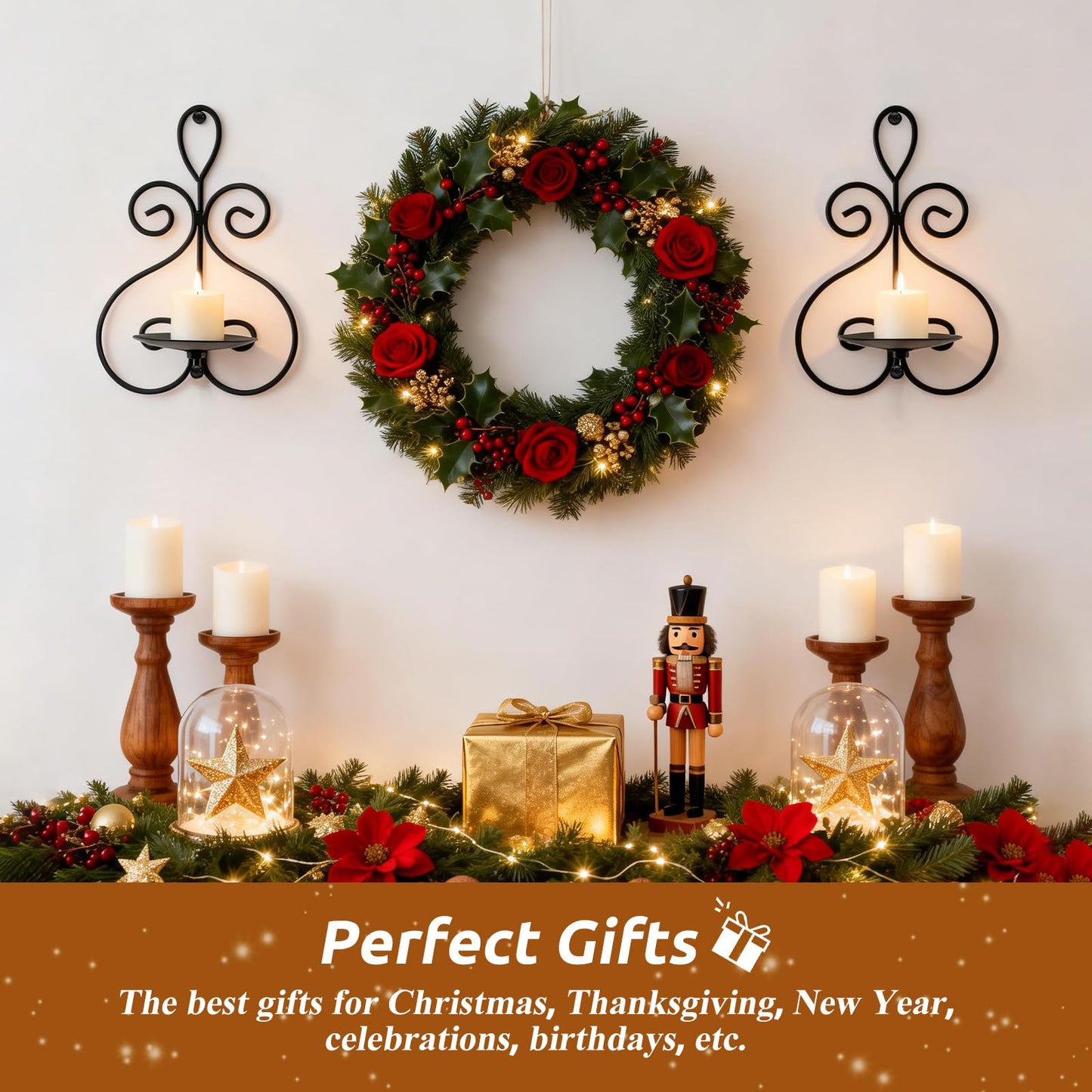 Wall Candle Sconces Set of 2, Double Scroll Pattern Candle Sconces, Metal Wall Candle Holder for Home Decor, Living Room, Dining Room, Bedroom, Black, Gifts for Men Women Mom or Dad