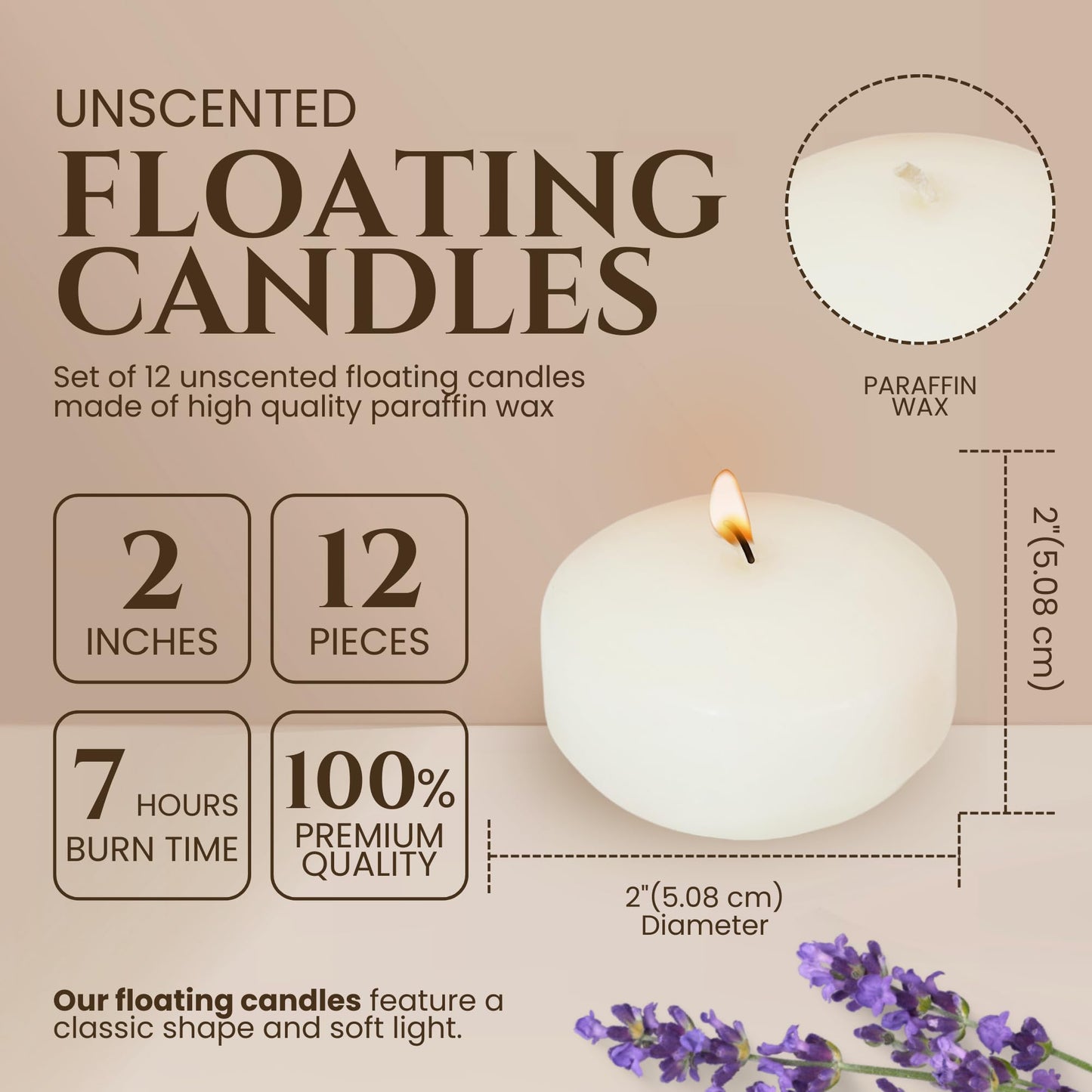 Axiom Floating Candles for Centerpieces - Floating Candle 2 inch Hand-Rolled Paraffin, Cotton Wicks, 4-Hour Clean Burn (Ivory, 12 Count)