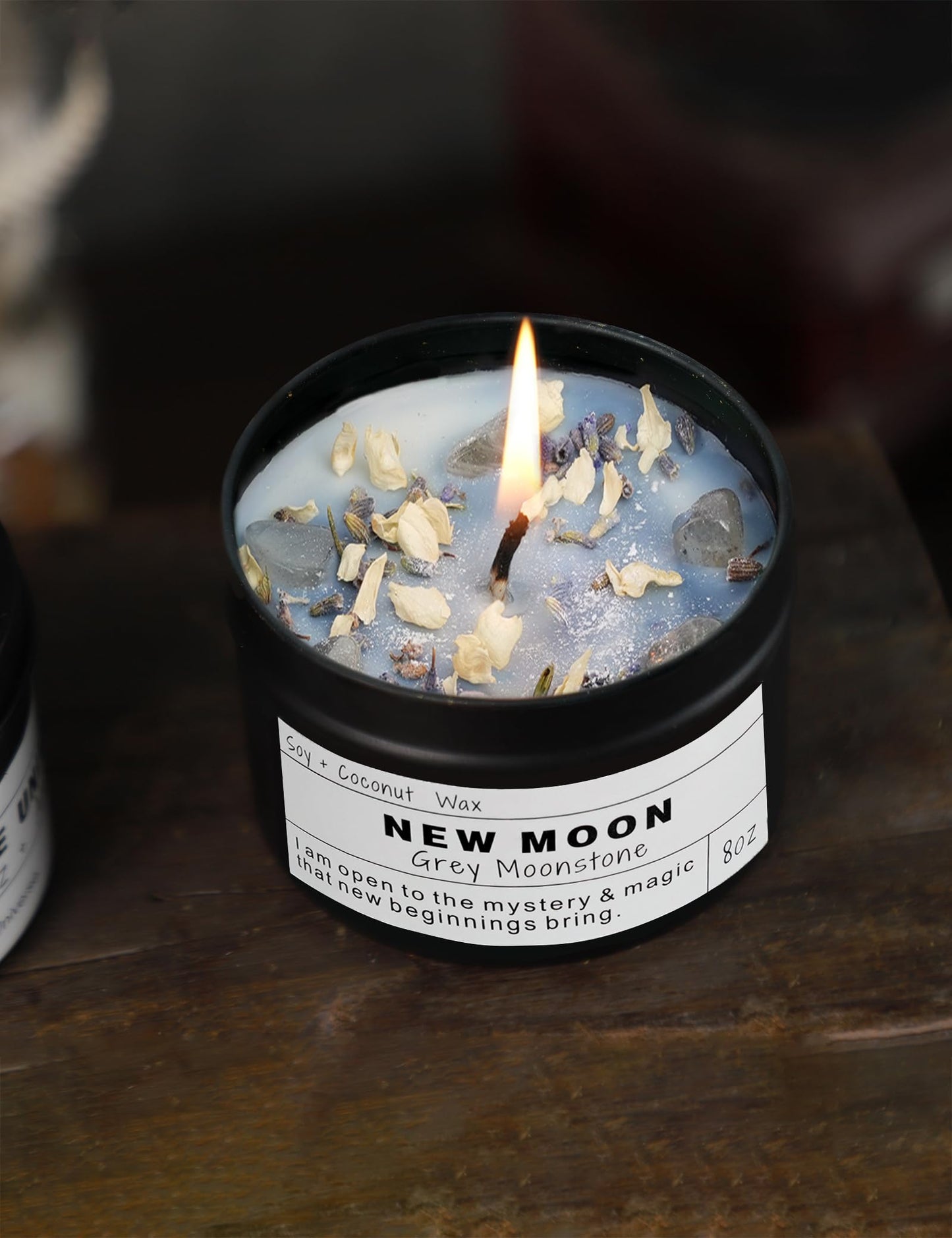 NEW Moon Handmade Candle, New Beginnings, Ritual Energy Gift, Intention De-Stress Good Fortune, Success Protection, Meditation, Moonstone, Soy Wax (8oz)