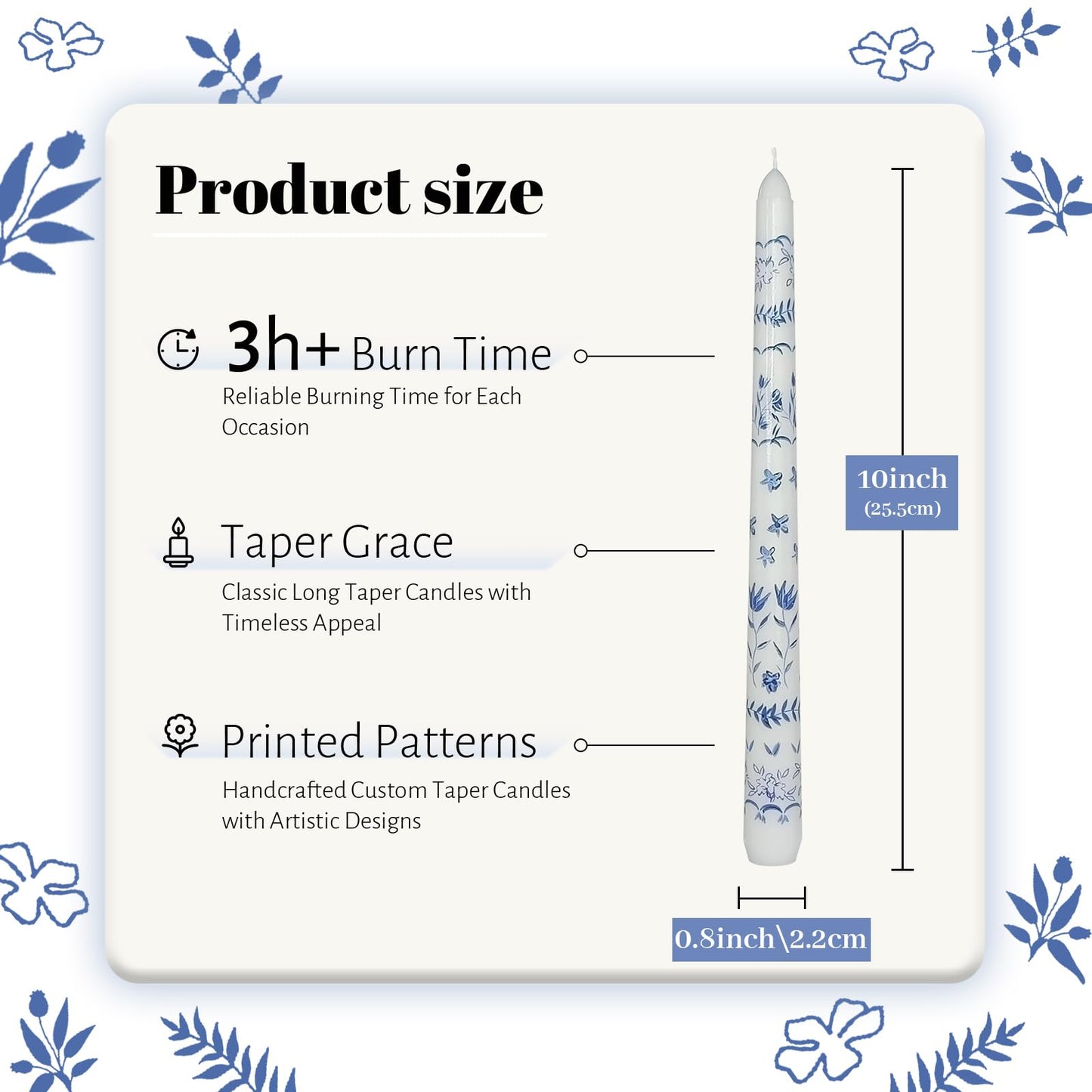 Blue and White Porcelain Taper Candles 10 Inch Print Candle Handmade Unscented Rural Pattern Long Candles 2 Pack Twisted Candlesticks for Wedding Home Decoration Gifts