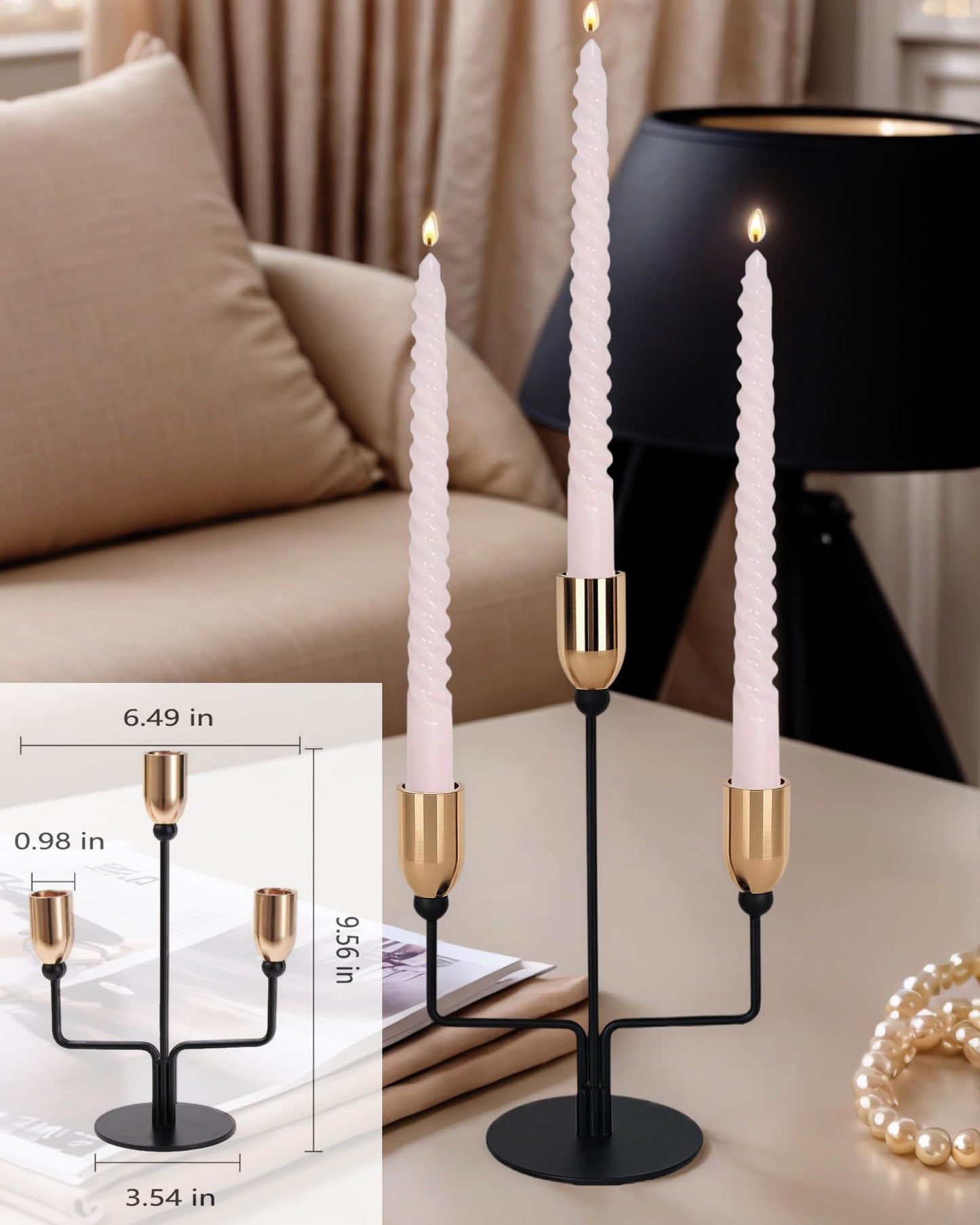 LHQOO Metal Triple Taper Candle Holder, Modern Gold & Black Candle Holder with Stable Base, Decorative Candle Stand for Home Decor, Wedding, Dining, Party, Anniversary