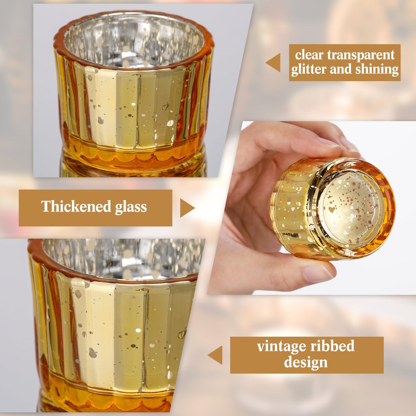 Mumufy 50 Pcs Glass Tealight Candle Holder Ribbed Votive Candle Holder for Centerpiece Wedding Proposal Spa Aromatherapy Meditation Home Decor (Gold)