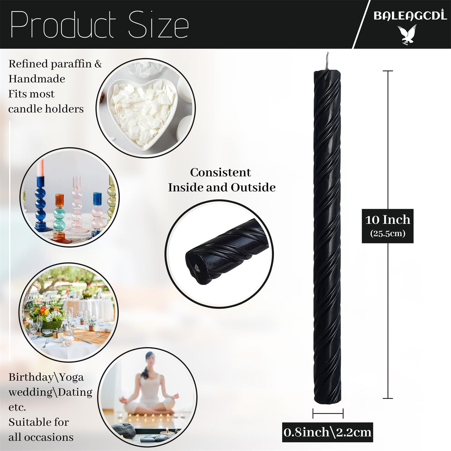 Dripless Twisted Long Taper Candles Black Unscented Ribbed Candle Sticks 10 Inch Smokeless Dinner Candlesticks Long Burning for Party Art Home Decor 6 Pcs
