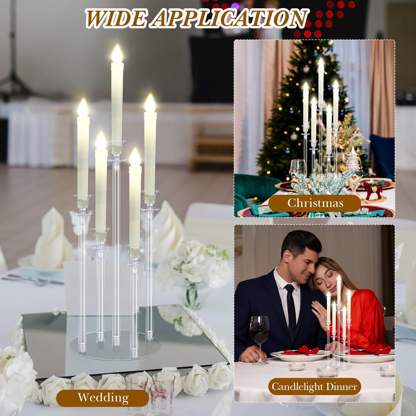 Layhit 4 Sets Acrylic Candelabra Candle Holder 5 Arm Wedding Table Centerpiece 18.1" Tall Acrylic Clear Candle Holder with Base Candlesticks Decoration for Father Day Graduation Party, Fit 0.87'' Led