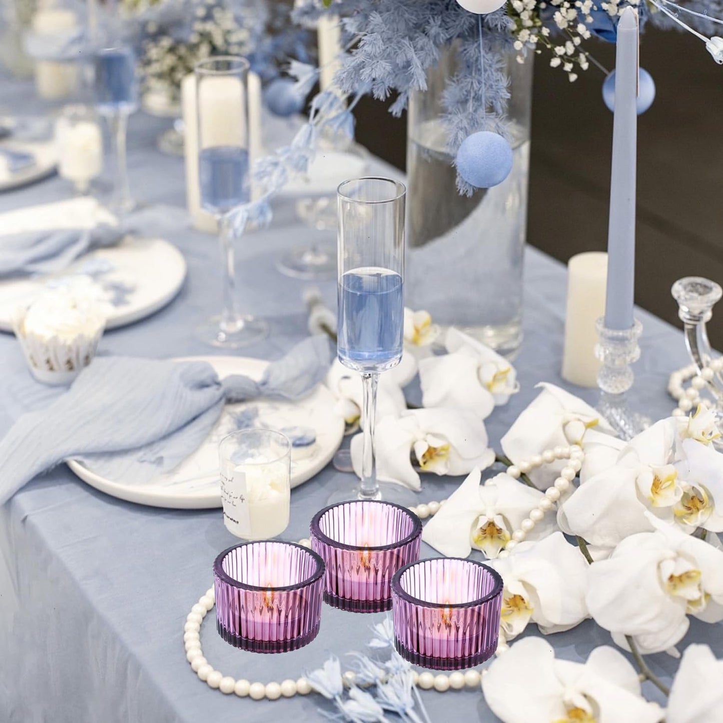 2 Pcs Tealight Candle Holder,Votive Candle Holders Glass Candle Holders Tea Lights Candle Holder for Table Centerpiece Decor Party&Home,Wedding Deco (Purple)