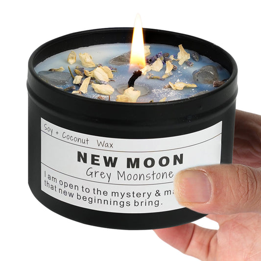 NEW Moon Handmade Candle, New Beginnings, Ritual Energy Gift, Intention De-Stress Good Fortune, Success Protection, Meditation, Moonstone, Soy Wax (8oz)