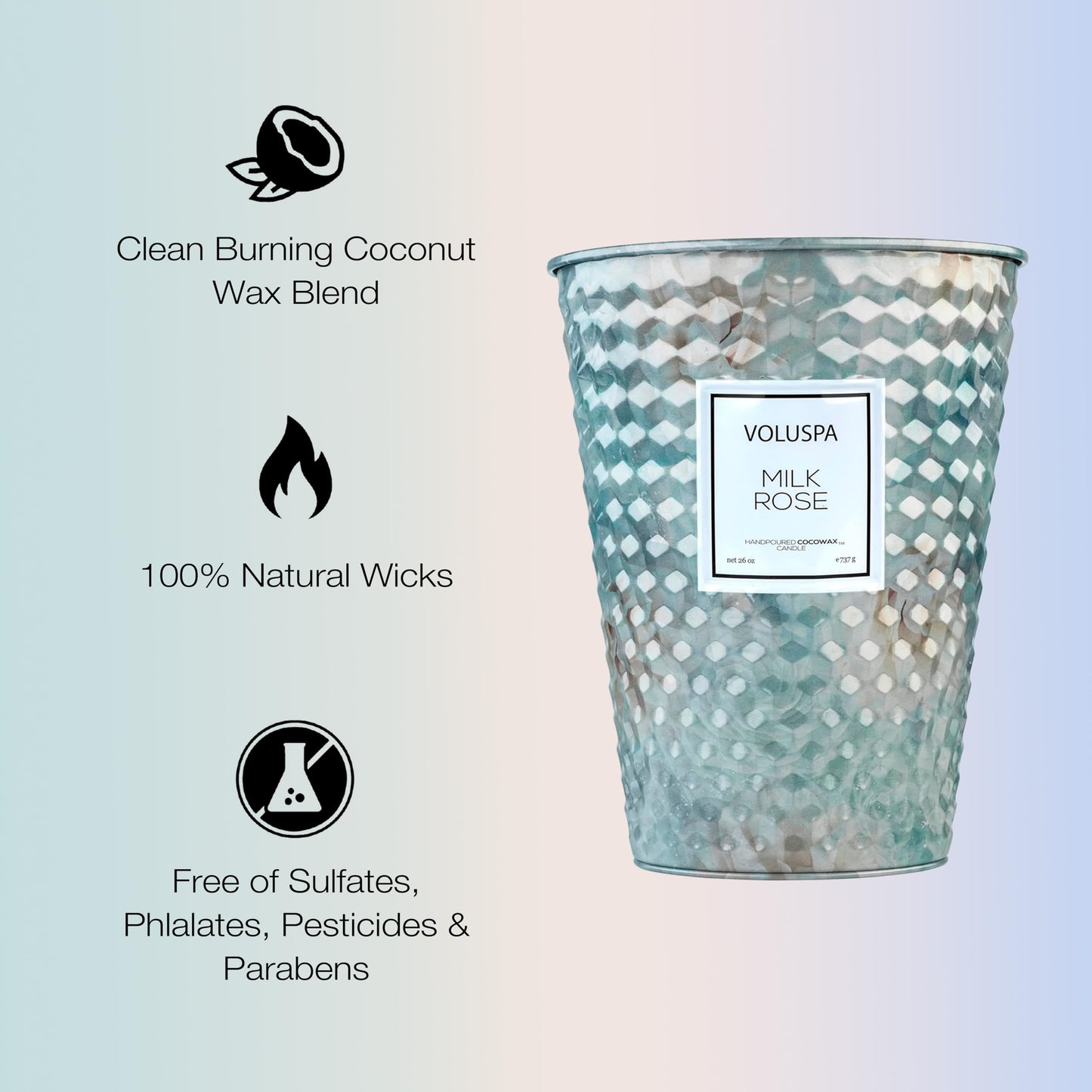 Voluspa Milk Rose, 2 Wick Tin Candle, 26 Ounce, 80 Hour Burn Time, Coconut Wax for Clean Burning, Handcrafted in the USA