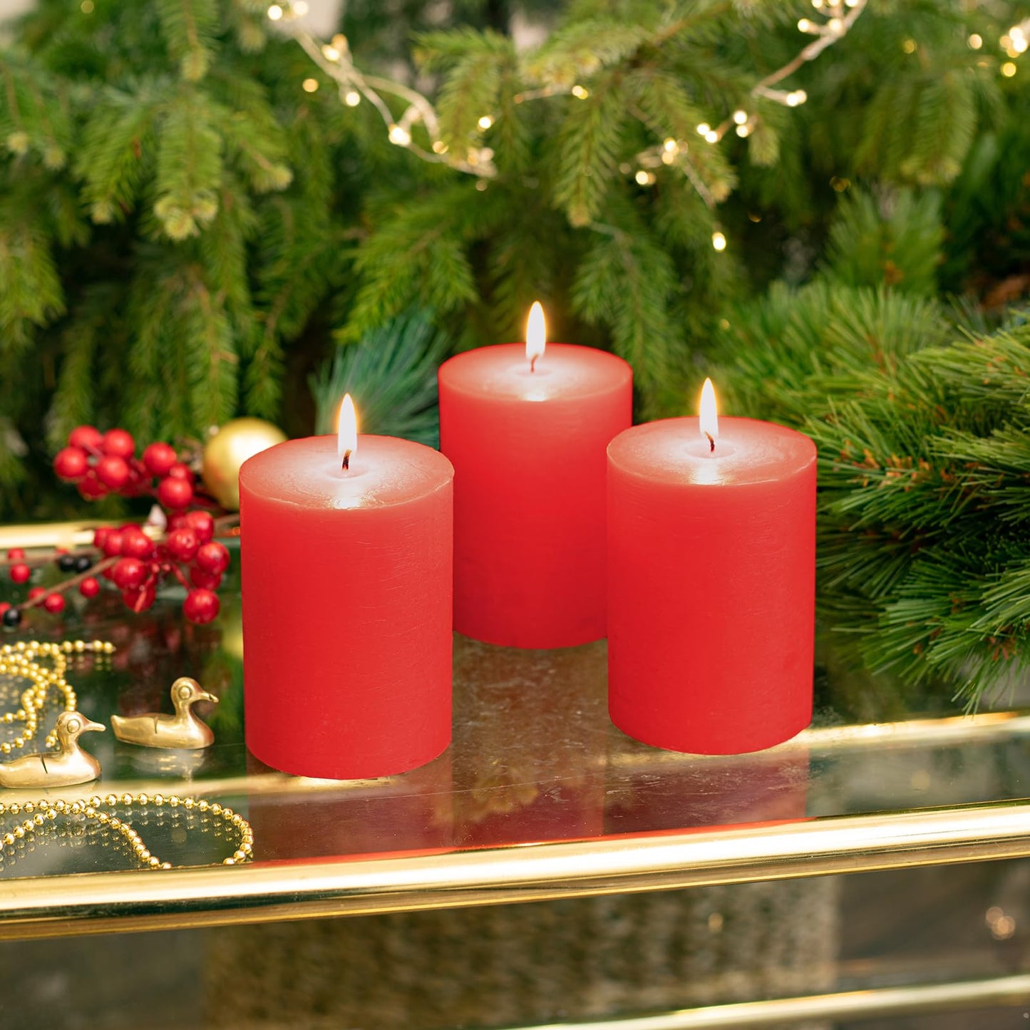 CANDWAX 3x4 Inch Red Pillar Candles Set of 3 - Unscented Dripless Rustic Red Candles for Holiday Settings, Weddings, Events, Home Décor, Party Decorations