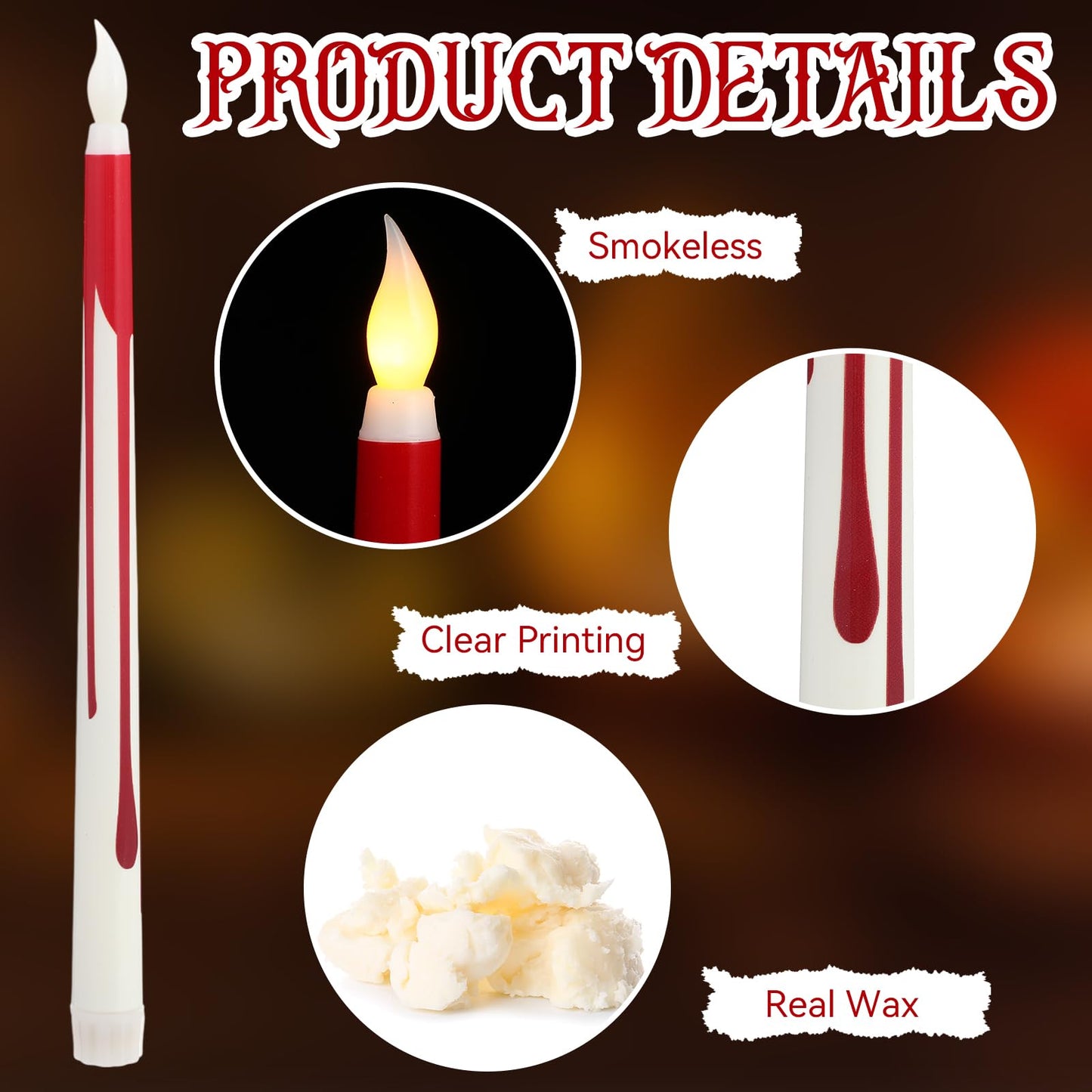 Kittmip 6 Pcs Halloween Flameless Taper Candles 11 Inch Long Red White Battery Operated LED Bloody Candles Haunted Table Centerpiece for Holiday Party Table Decor