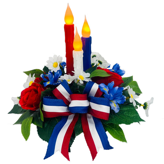 4th of July Decorations,Patriotic Floral Arrangement Centerpiece for Table, Red White and Blue Fake Flowers Fourth of July Taper Flameless Candles for Independence Day Home Decor,Memorial Day Décor