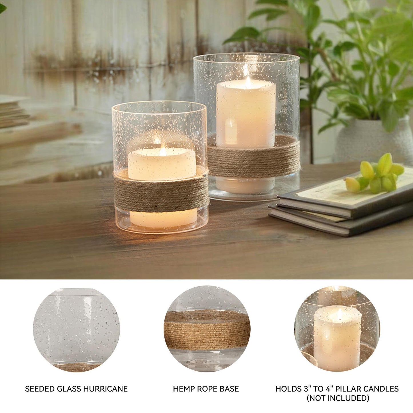 Signature Design by Ashley Eudocia Coastal 2 Piece Glass Candle Holder Set with Rope Base, Clear & Brown