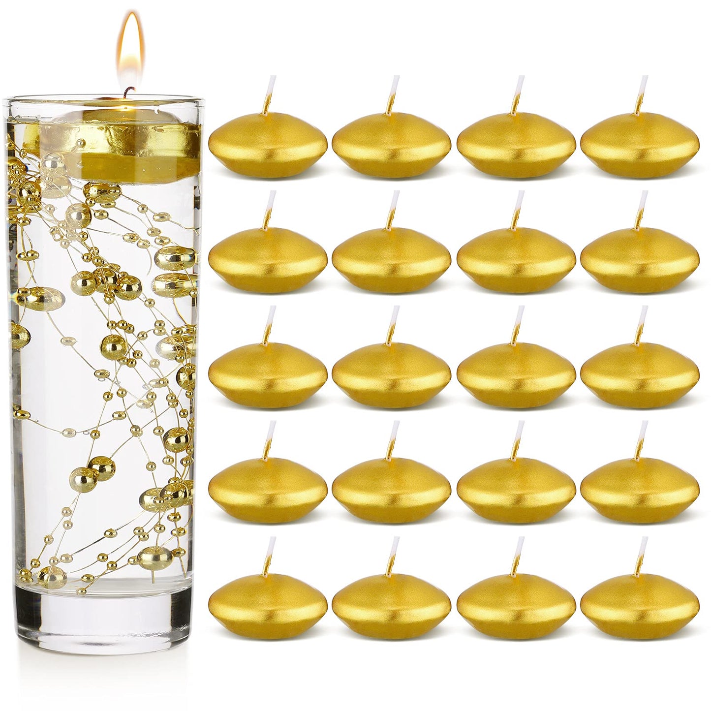 Nuanchu 20 Pcs Mini Floating Candles Small Floating Unscented Candles Round Tea Lights Disc Smooth Wax for Pool Bathtub Dinner Wedding Home Favors(0.7 x 1.4 in,Gold)