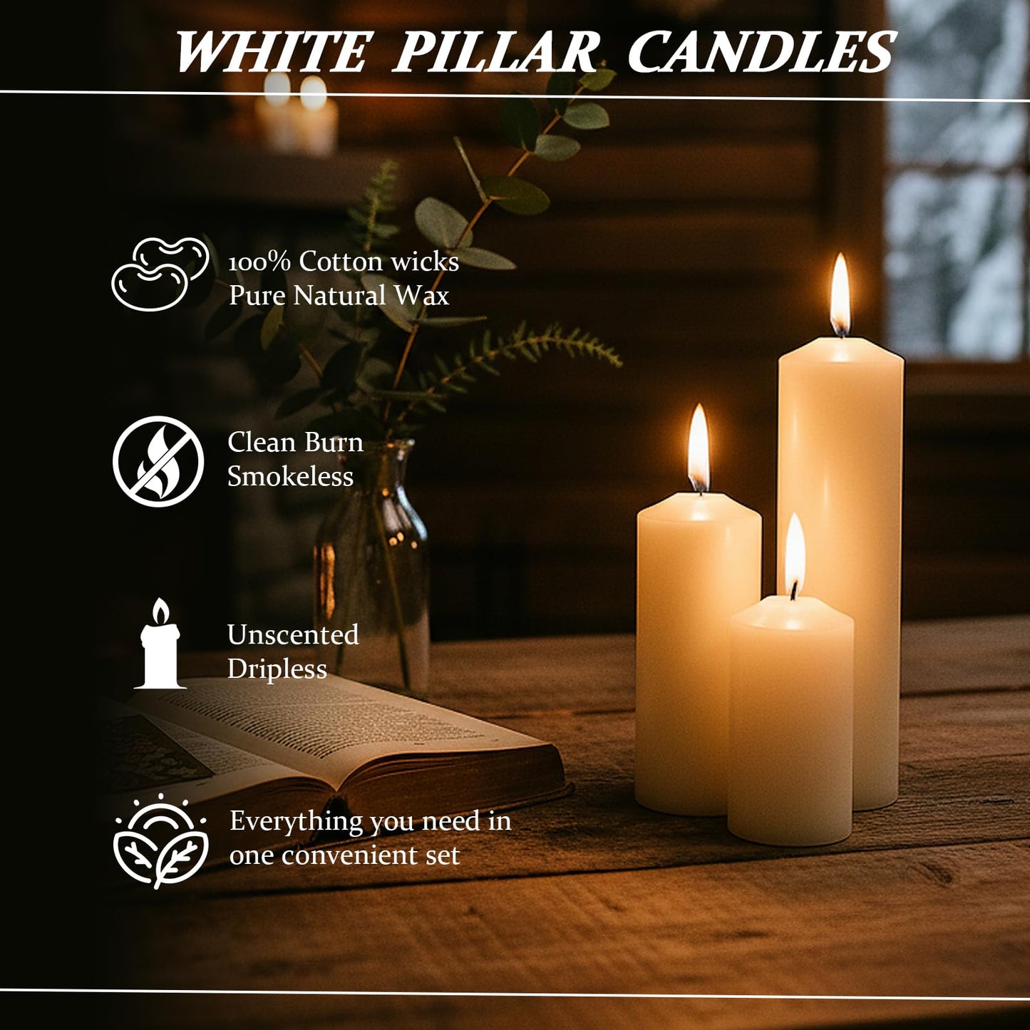 Veiuwa 18 Pack Ivory Pillar Candles Bulk Set, 2x3 2x4 2x6 Inch - 6 Each Size, Dripless Smokeless Clean Burning for Wedding Centerpieces, Home Decor, Church, Romantic Ambiance！