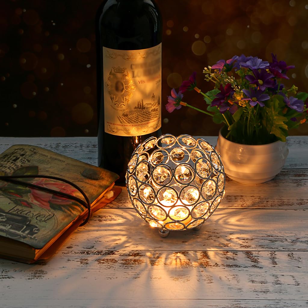 OwnMy 10cm Crystal Bowl Votive Candleholder Sparkly Tea Light Candle Holders Candle Lanterns Decorative Candelabra Vase for Christmas New Year Wedding Table Centerpieces (Silver Tone)