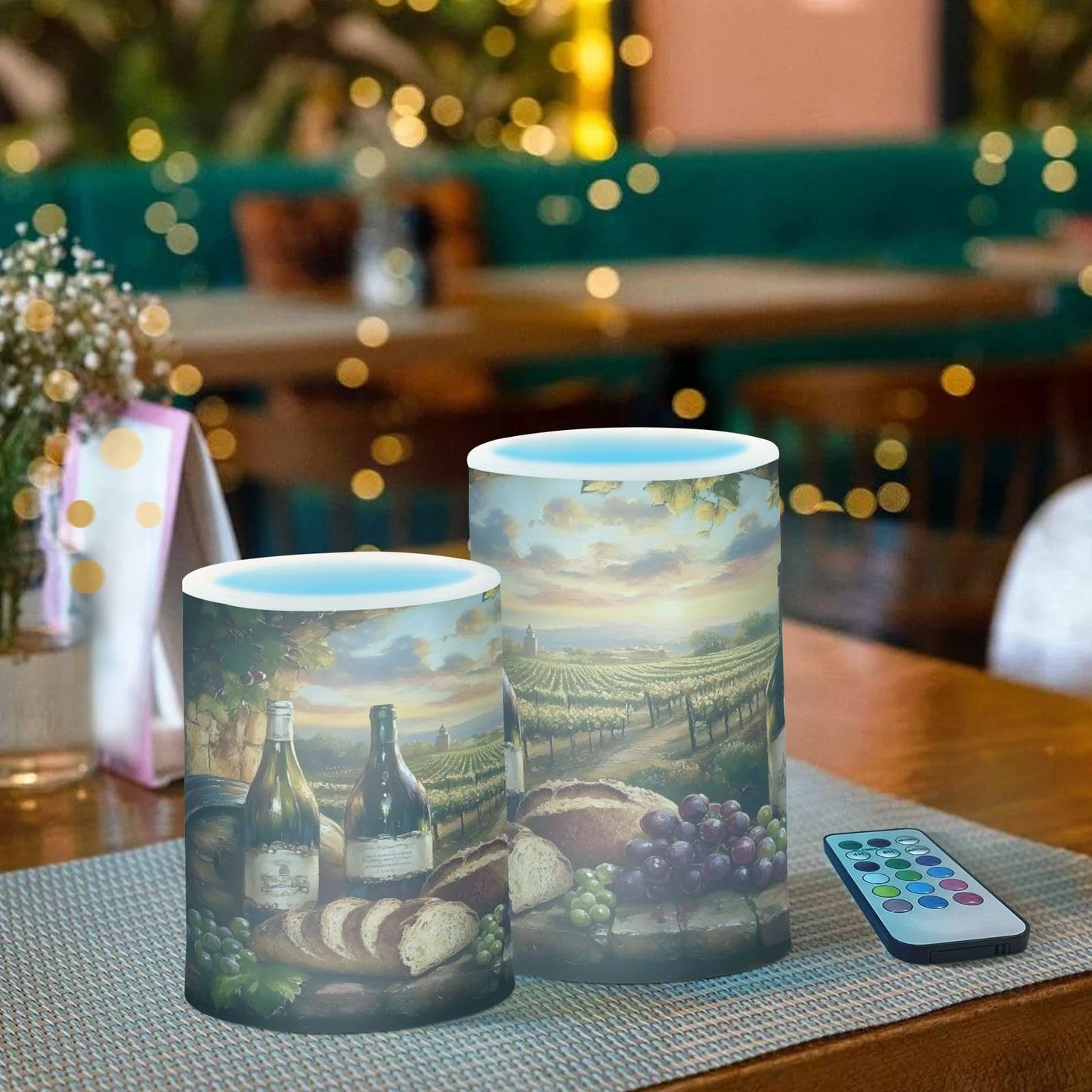 ALAZA Flickering Flameless Candles Red Wine Bottles Grapes Bread Rustic Battery Operated Candles with Remote Timer LED Pillar Votive Candles Set of 2 for Holiday Decor