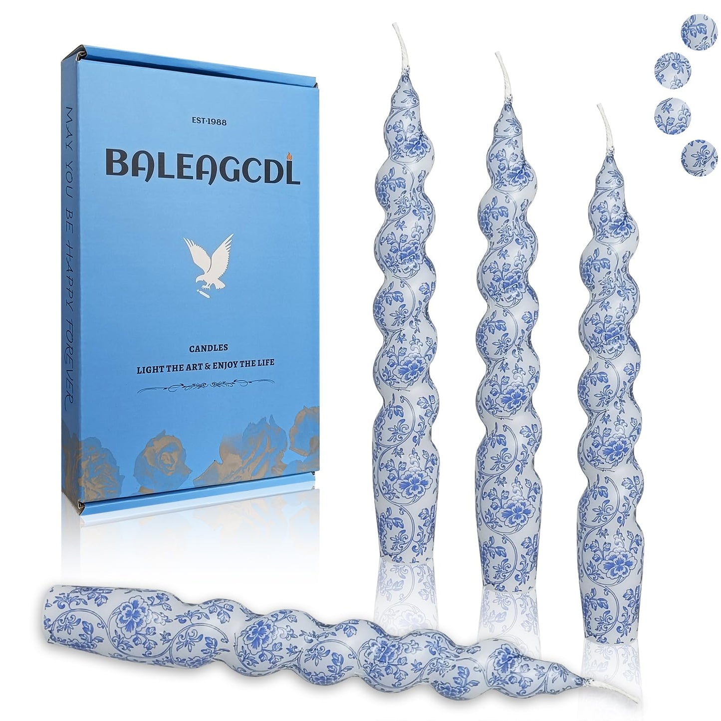 Spiral Taper Candles, 7.5 Inch Blue Floral Printed Twisted Candlesticks, Smokeless Handmade Short Candles for Wedding Dinner Home Party Decor, 4 Pack