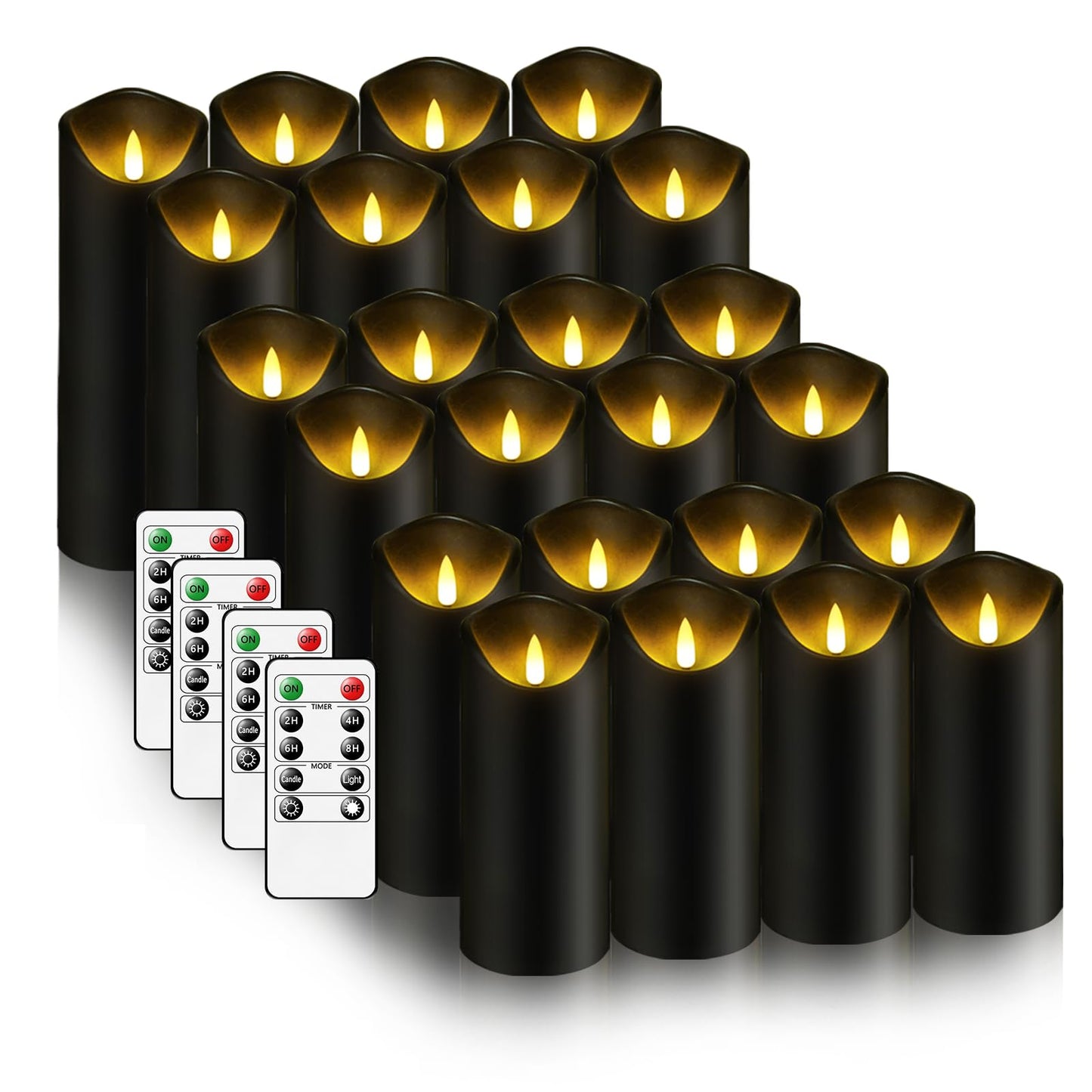 kakoya Flickering Flameless Candles, Battery Operated Plastic LED Pillar Candles with Remote Control and Timer, Set of 24 (Black)