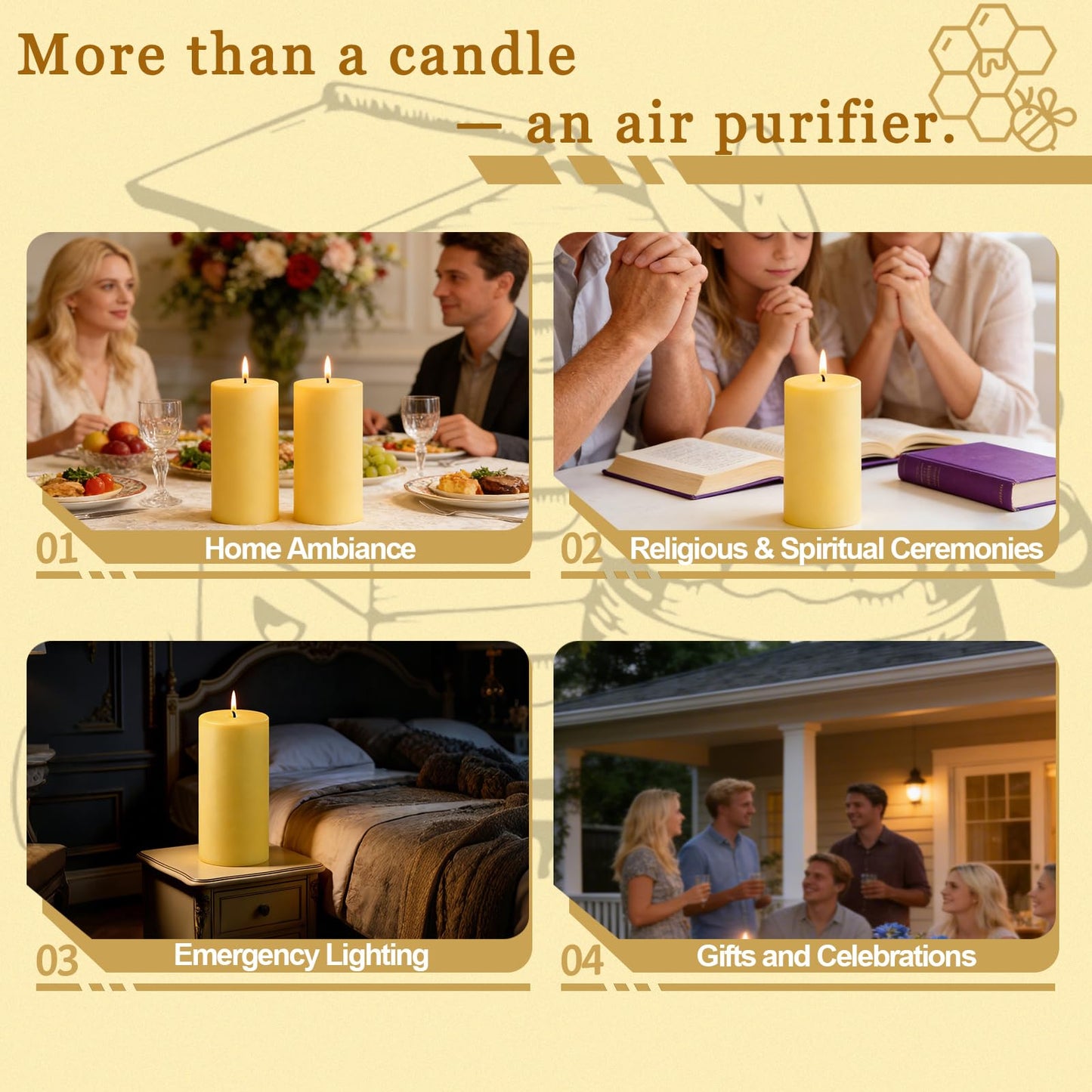 Natural Beeswax Candles Pillar 3x6 Inch, 4 Packs, Large Pure Beeswax Pillar Candles for Emergency Prayer Home Decor, 100 Hours Long Burning Time Bees Wax Candle for Relax, Smokeless & Dripless