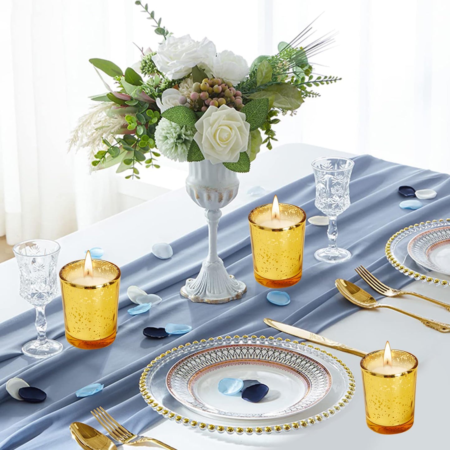 Soft Breeze 24 PCS Speckled Mercury Golden Glass Candle, Unscented Glass Votive Candle, Birthday&Wedding Decorations for Table Home，Anniversary Party Candles,Golden