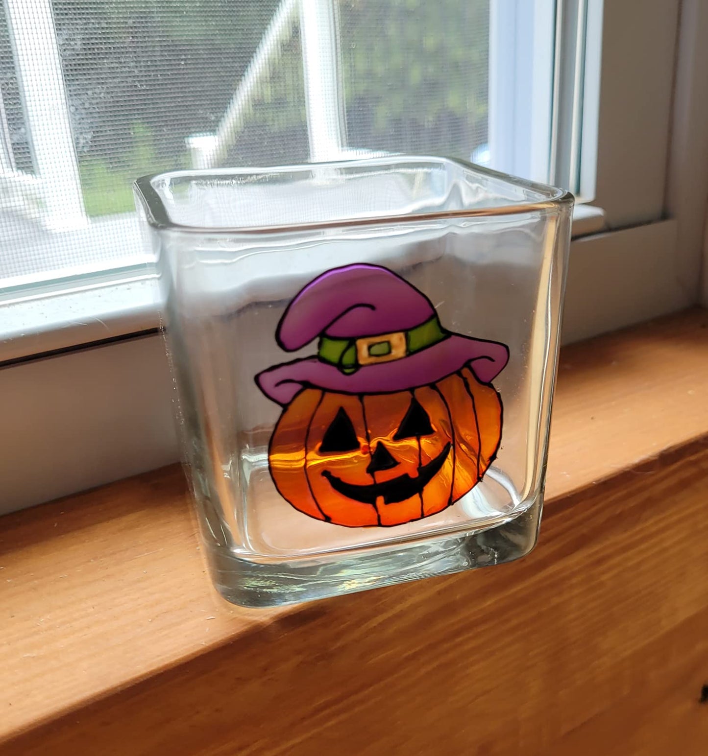 Orange Halloween Pumpkin Hand Painted Stained Glass Square Jack O Lantern Candle Holder