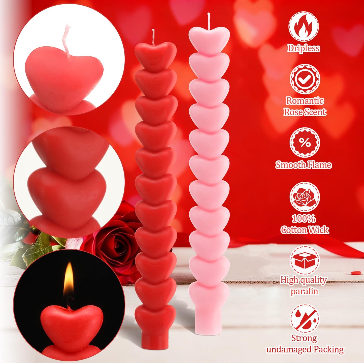 Nuanchu 6 Pcs Valentine Heart Taper Candles 10 Inch Tall Pink Red Candlestick Valentine's Day Unscented Heart Candle for Gifts Home Mantle Decor Bachelorette Wedding Party Supplies