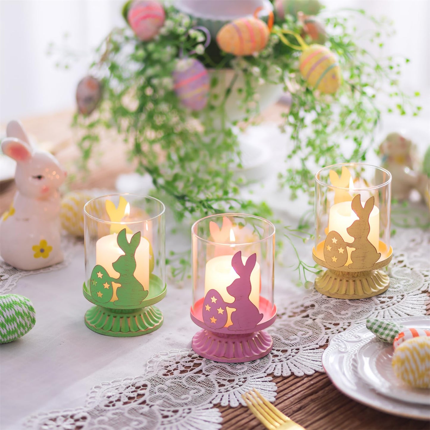 Sziqiqi Bunny Candle Holder for Easter: Tealight Holders Centerpiece Table Decorations for Pillar Candles - Coloured Rabbit Tea Light Candle Holders for Easter Party Spring Home Decor