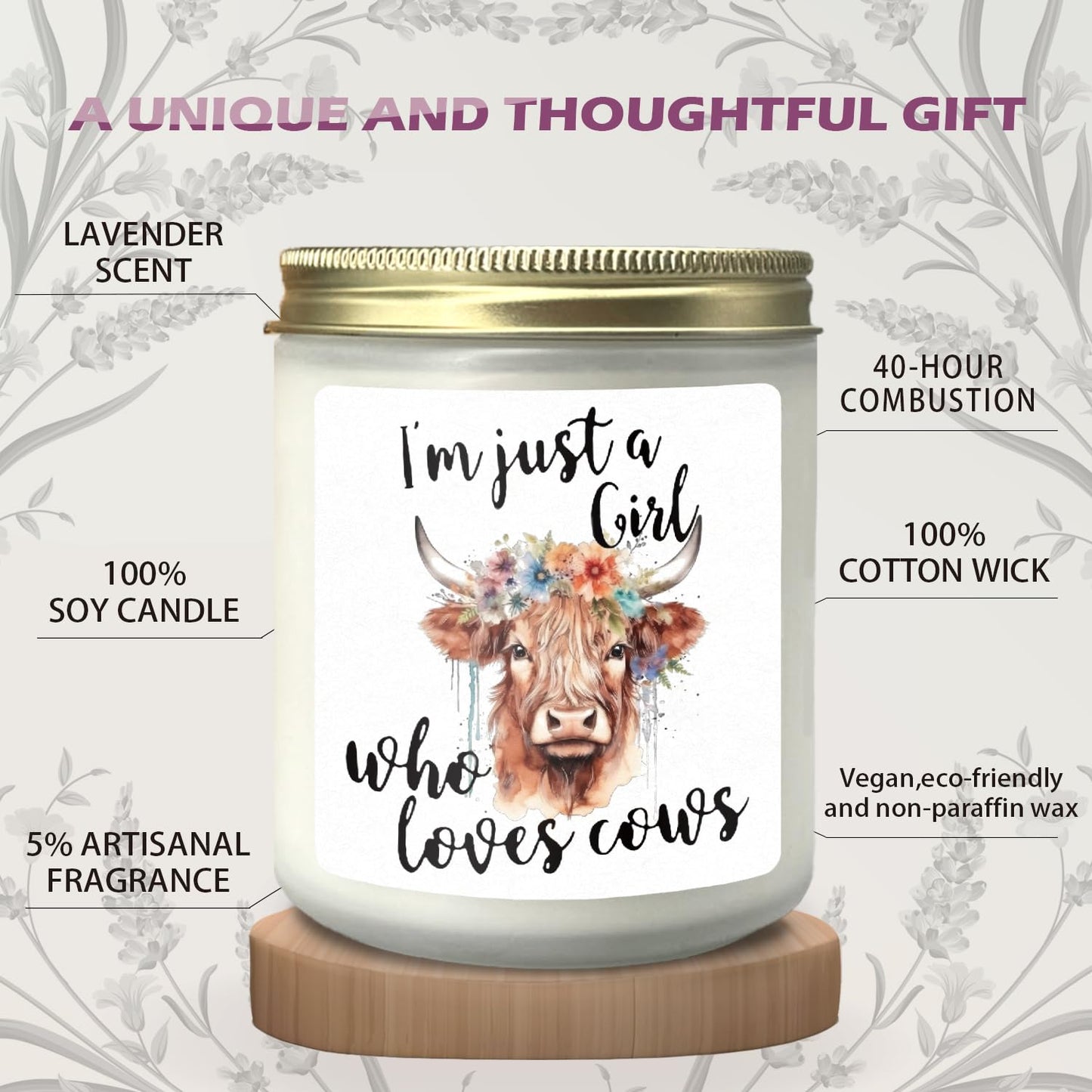 CIOJUNE Cow Candle, Cow Gifts for Women Girls Cow Lovers, Highland Cow Gifts, I am Just a Girl Who Loves Cows Lavender Candle, Floral Highland Cow Scented Candles for Home, Cow Stuff
