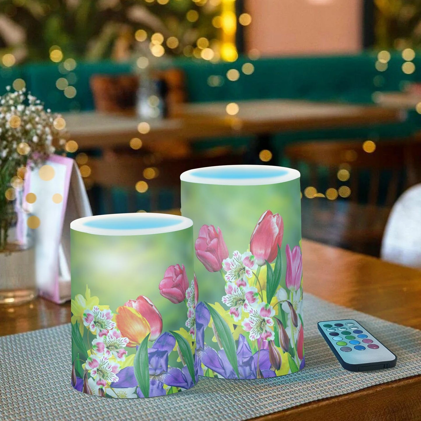 Eionryn Spring Flowers Daffodil Tulips Flameless Candles Summer Floral Sunrise Battery Operated LED Candles with Remote Timer Electric Candles for Home Party Decor 2pcs