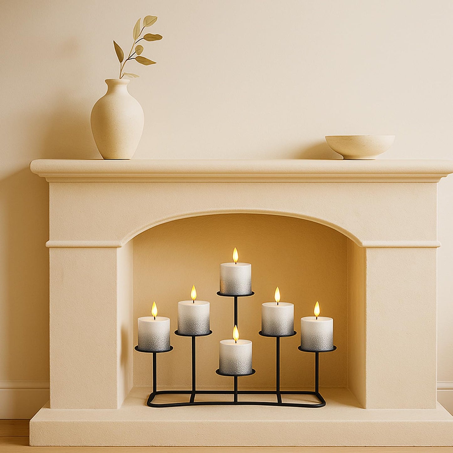 Smtyle Fireplace Christmas Candelabra Candle Holder - Black Matte Geometric Multi Tier Design, Stable Base, Perfect for Pillar Candles, Modern Minimalist Home Decor Accent