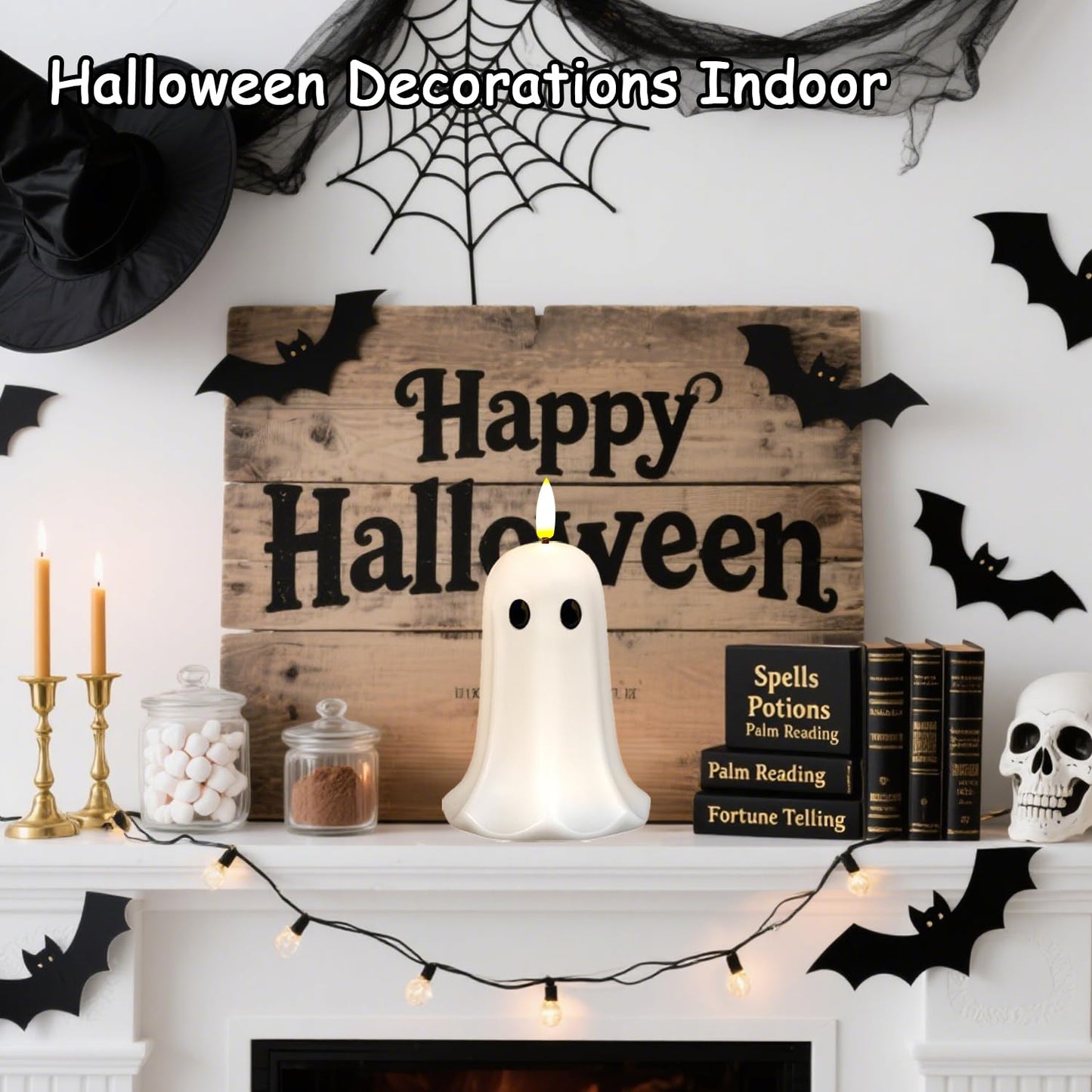 Halloween Ghost Flameless Candle with Timer – LED Candle with Flickering Flame, Real Wax, Remote Control, Spooky Halloween Decorations Indoors, Cute Tabletop Decor for Mantel Home, Battery Operated